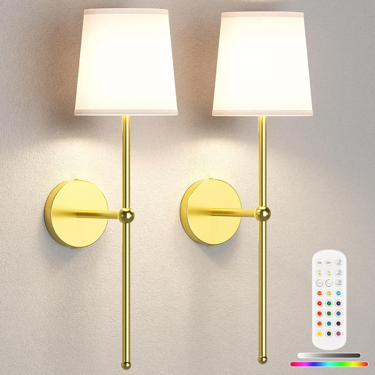 Lightbiz Battery Operated Wall Sconce Set of 2, Gold Wireless Wall Lights with Remote, 15 Colors Dimmable Wall Lamp, 5200mAh Rechargeable Sconces for Bedroom Living Room Bathroom Hallway 2 Pack