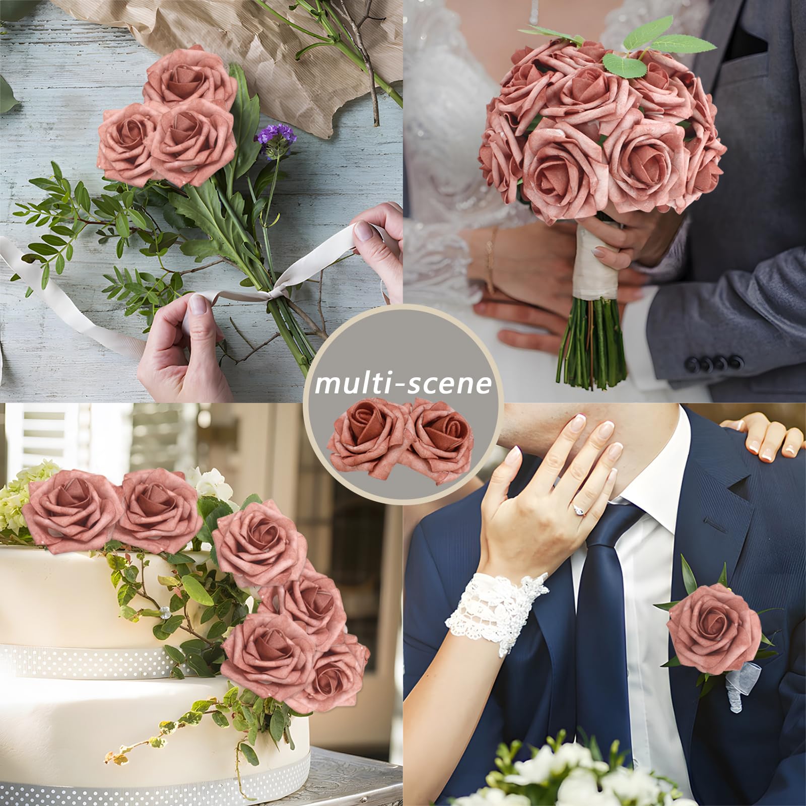 Künstliche Rosen, warmtaupe, echt aussehende Schaumstoffrosen mit Blättern für selbstgemachte Hochzeitssträuße, Brautparty, Party-Dekorationen (warmes Taupe, 100 Stück)