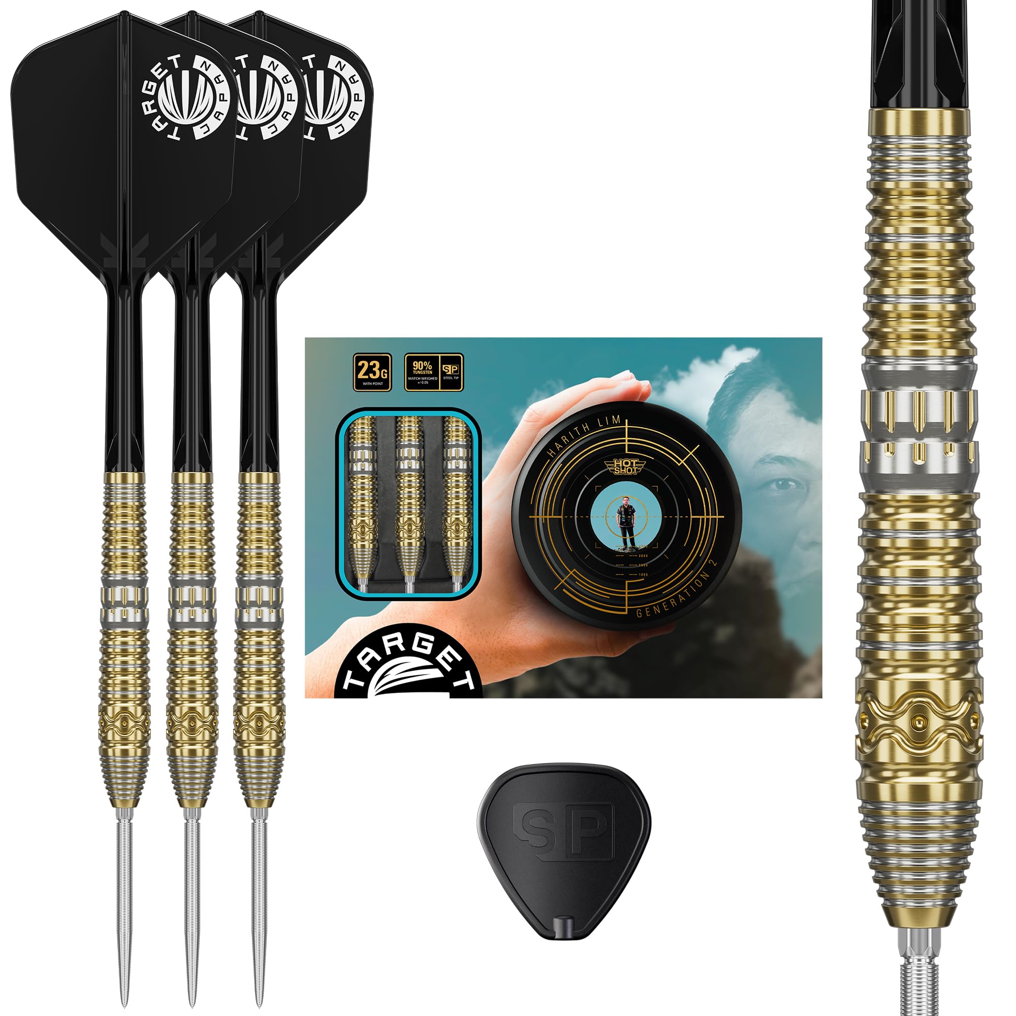 Target Japan Prime Series Hot Shot G2 Steel Tip Darts with Kflex 22G | 90% Tungsten Darts Set, K-Flex Flights and Shafts No.6, Nano Swiss Point Tips, Harith Lim Gen 2