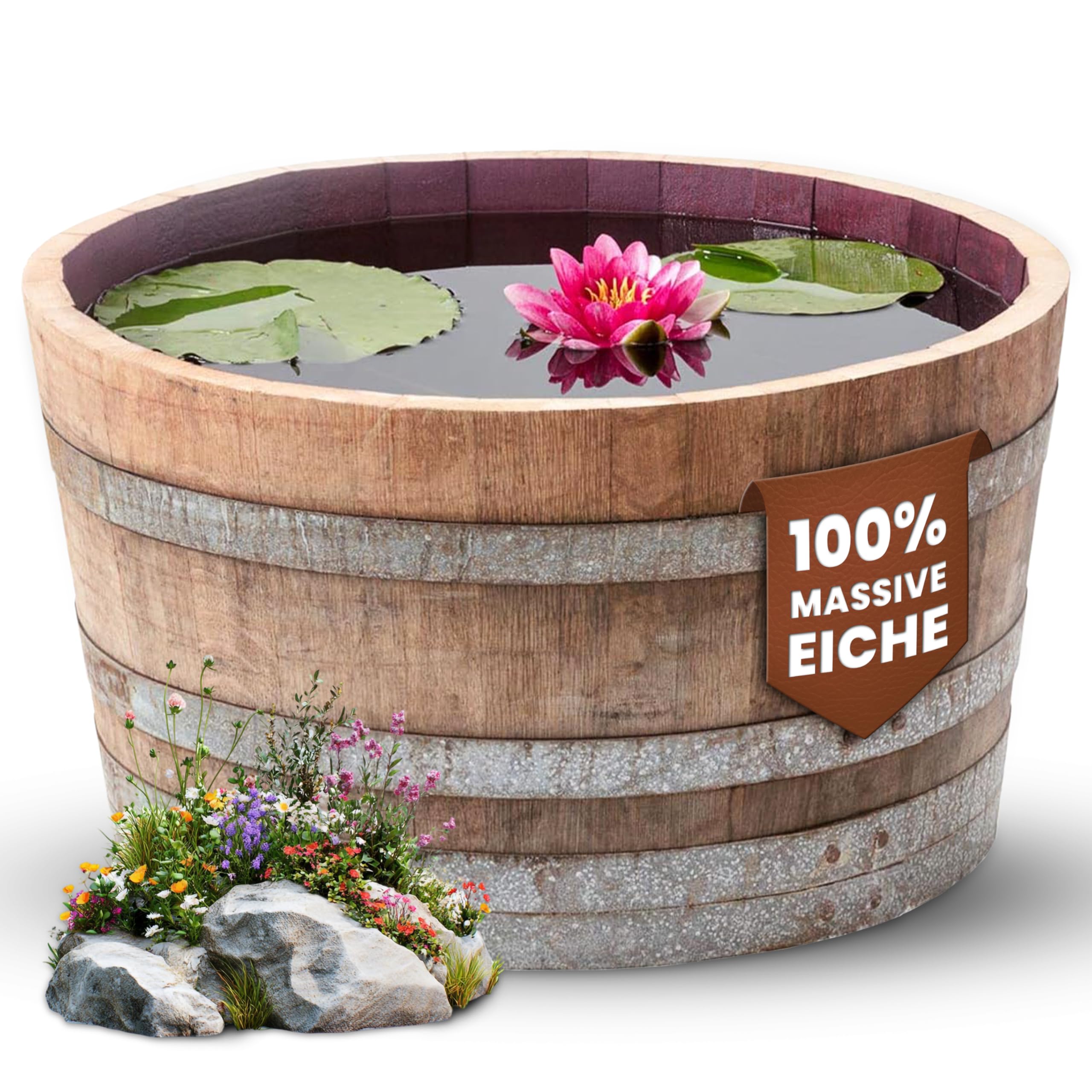 Temesso Holzfass, gebrauchtes Weinfass halbiert aus Eichen-Holz Fass als Pflanzkübel oder Miniteich (D70 H40 cm 100 Liter)