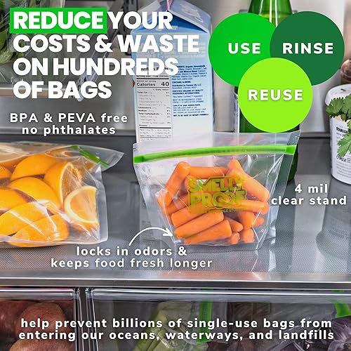 Miniatura 5 de Smelly Proof 10 bolsas de almacenamiento reutilizables expandibles de pie y relleno para alimentos diseñadas y MFG en Estados Unidos, sin PEVA, sin