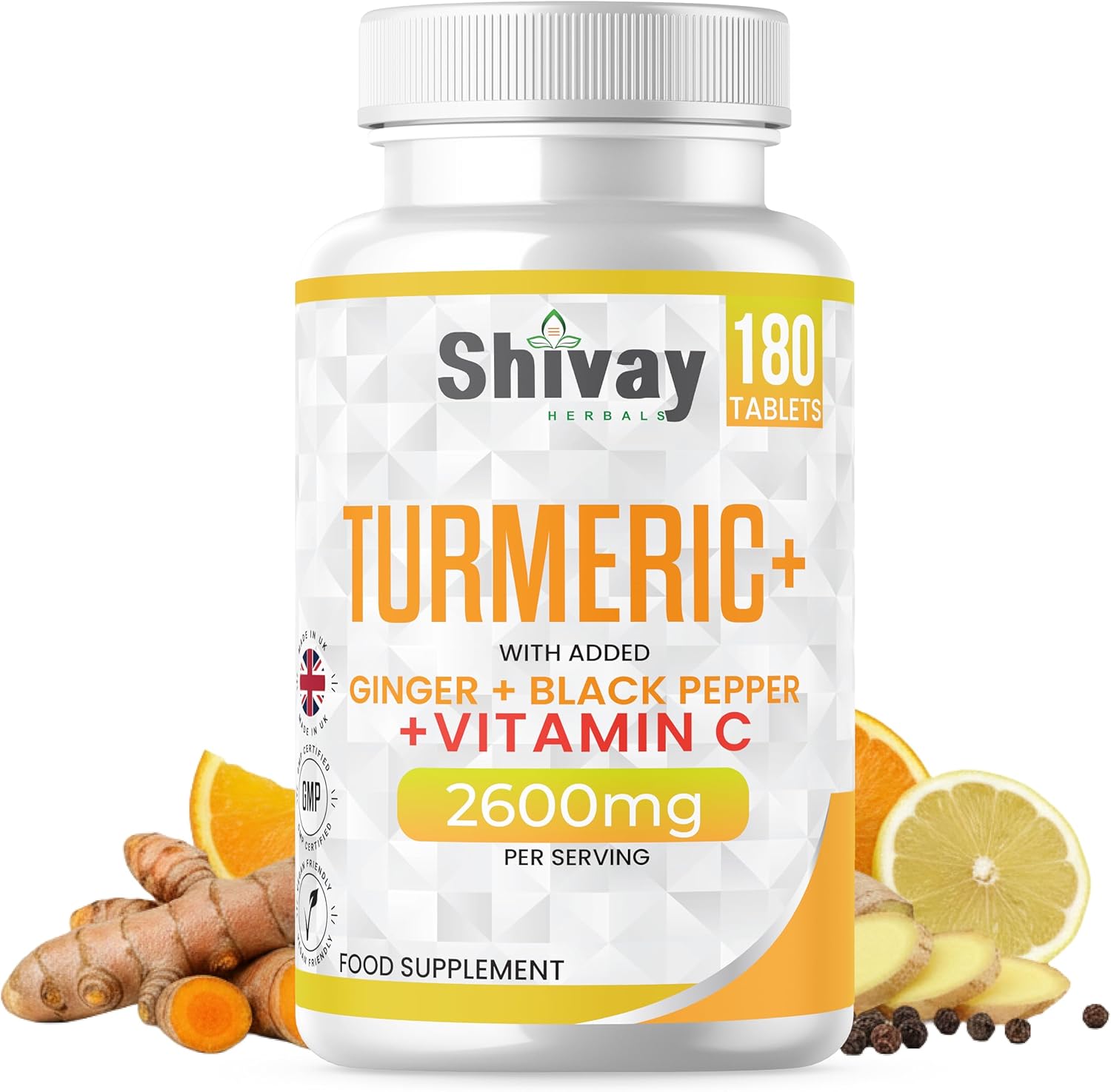 Turmeric Tablets 2600mg with Black Pepper & Ginger Boosted with Vitamin C | 180 High Strength Curcumin Supplements – 3 Month Supply Vegan Active Curcumin Made in The UK by Shivay Herbals