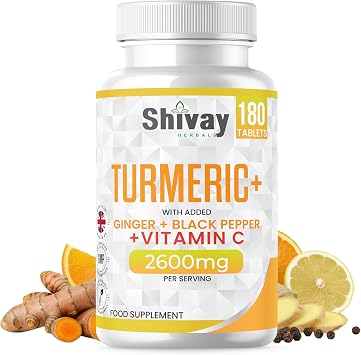 Turmeric Tablets 2600mg with Black Pepper & Ginger Boosted with Vitamin C | 180 High Strength Curcumin Supplements - 3 Month Supply Vegan Active Curcumin Made in The UK by Shivay Herbals