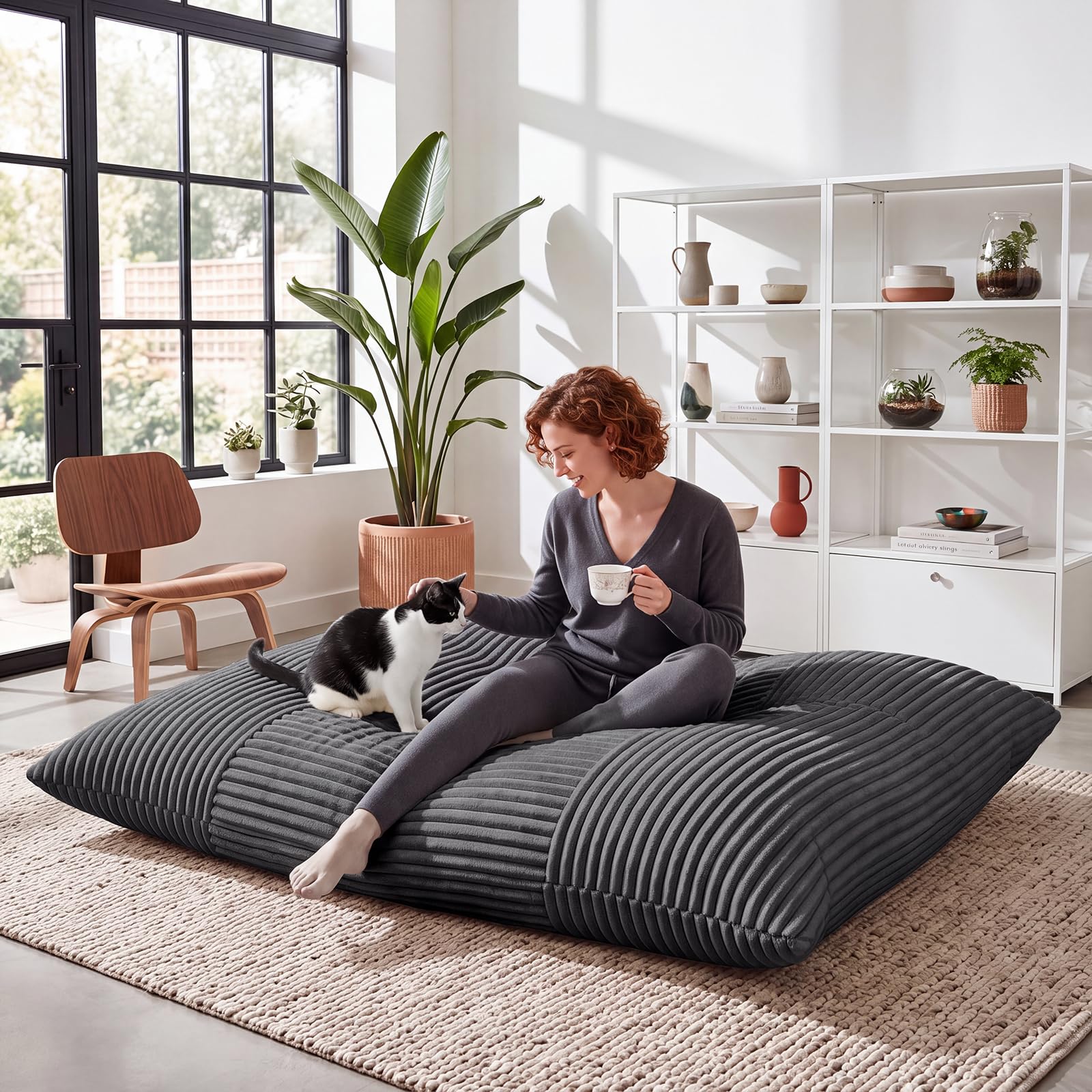 RELAX4LIFE Pouf Géant XXL, Canapé Lit au Sol Moelleux, 194X139 CM, Gris foncé
