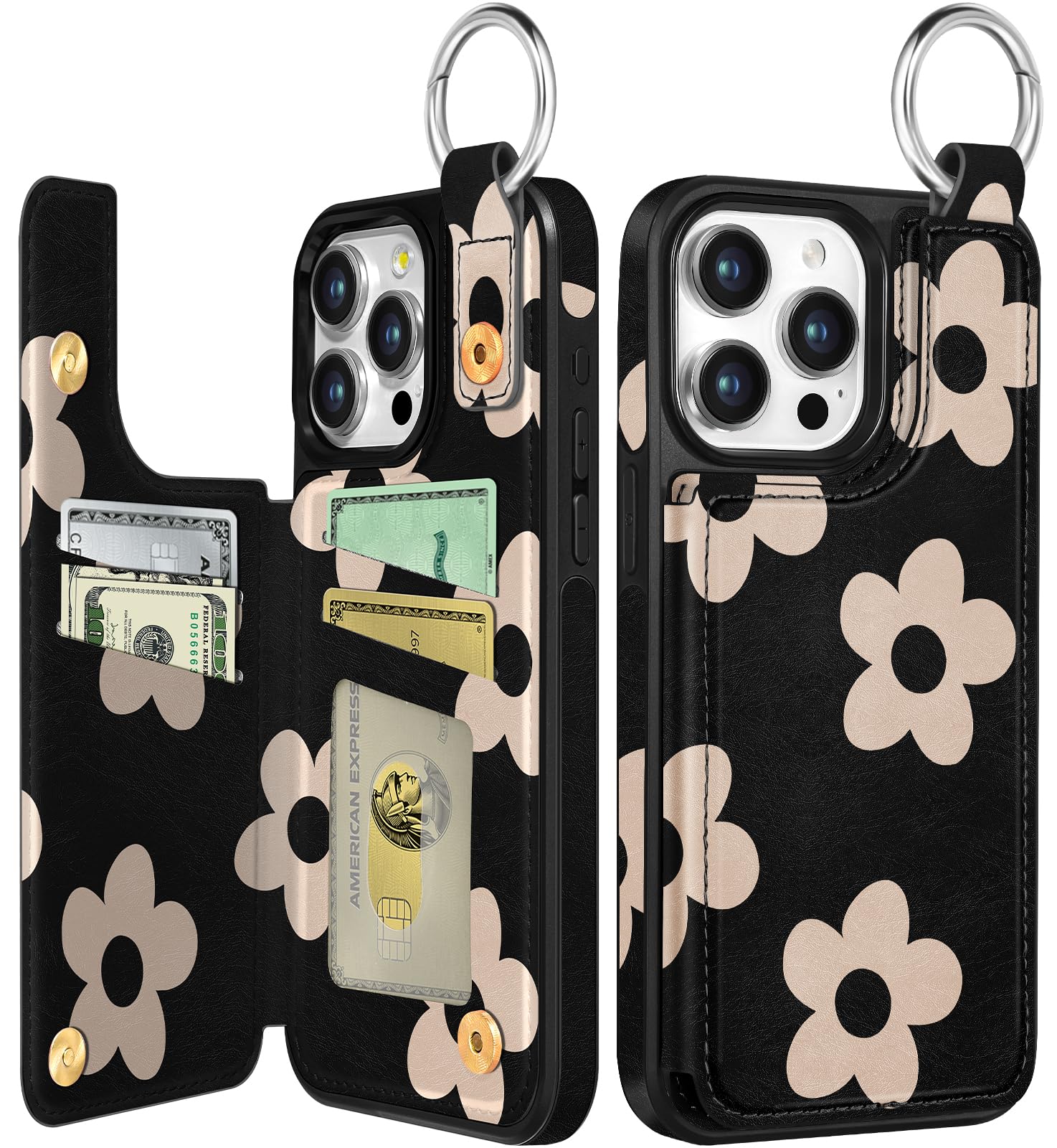for iPhone 15 Pro Wallet Case with Card Holder, Cute Designer Black Flower Pattern Kickstand Magnetic Clasp Back Flip Folio Leather Cases for iPhone 15 Pro Phone for Girls Women,6.1 Inch