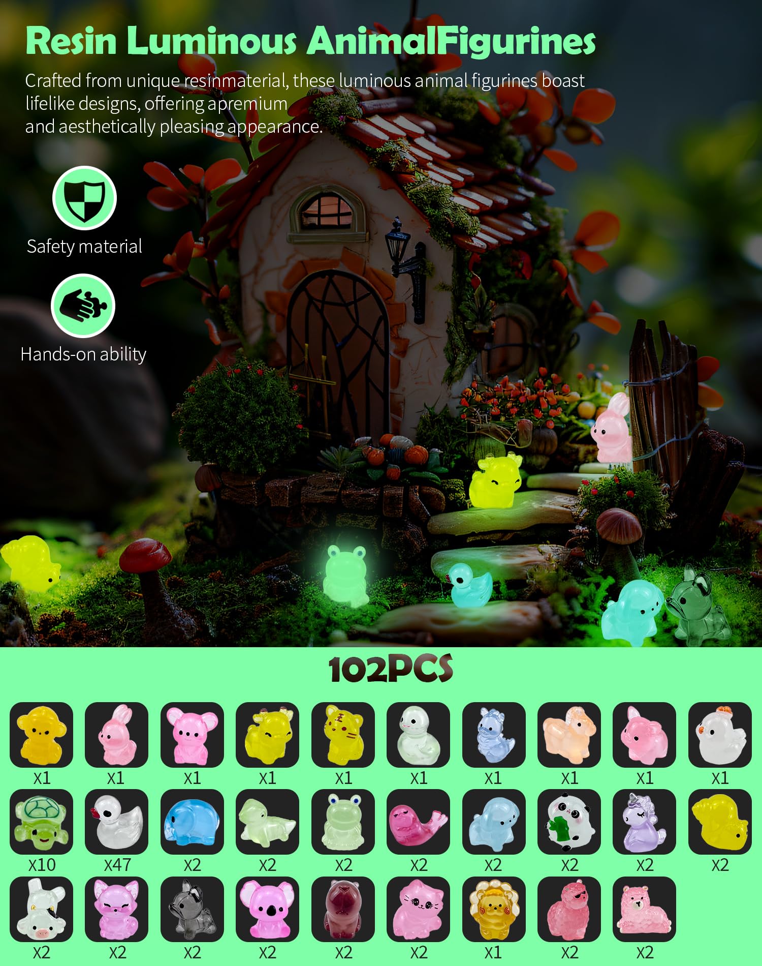 ePicsoa 102PCS Mini Resin Animals, 50 Styles Tiny Resin Glow In The Dark Animals - Image 2