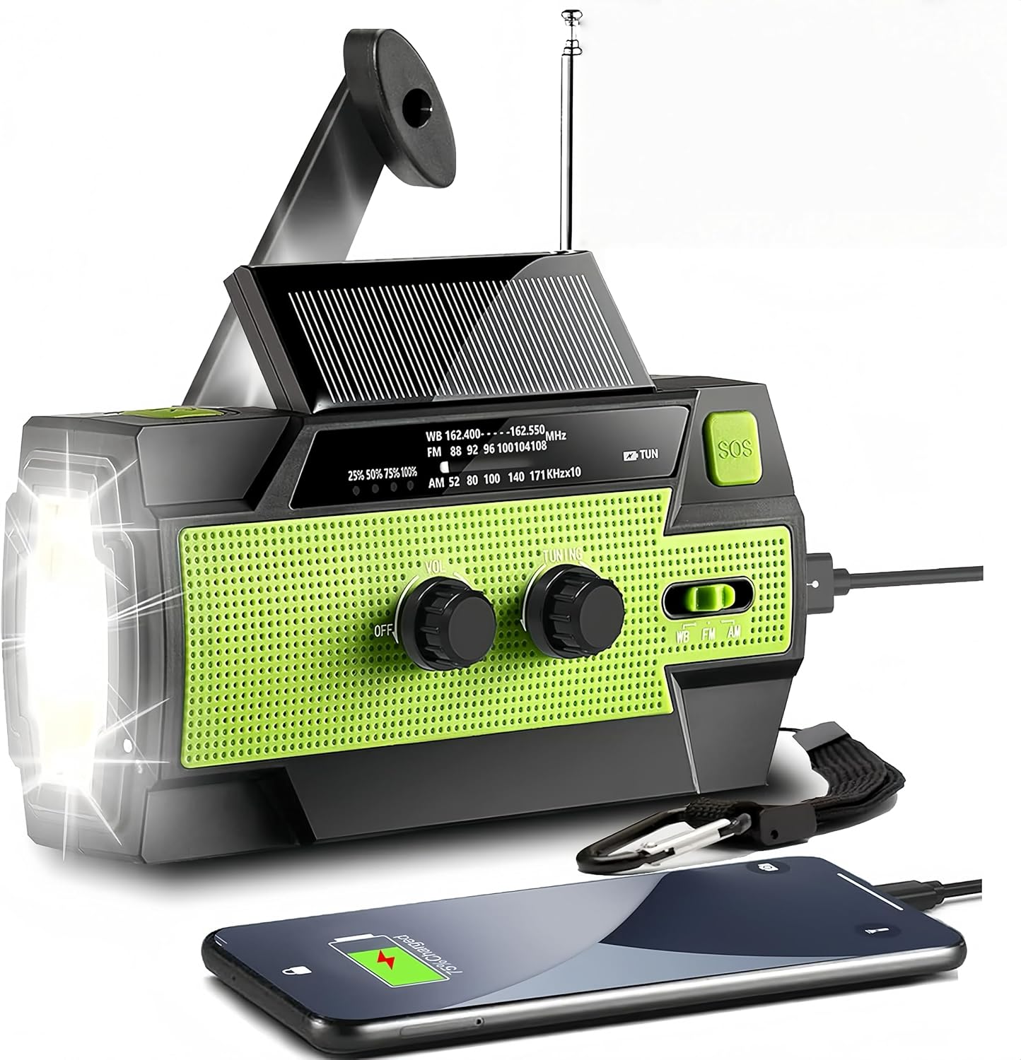 【Upgraded】 Emergency Weather Radio, Hand Crank, 4000mAH, Portable, Solar Charging, with AM/FM/NOAA, 3 LED Flashlights, Motion Sensor, Reading Lamp, SOS Alarm, Rechargeable (Green)