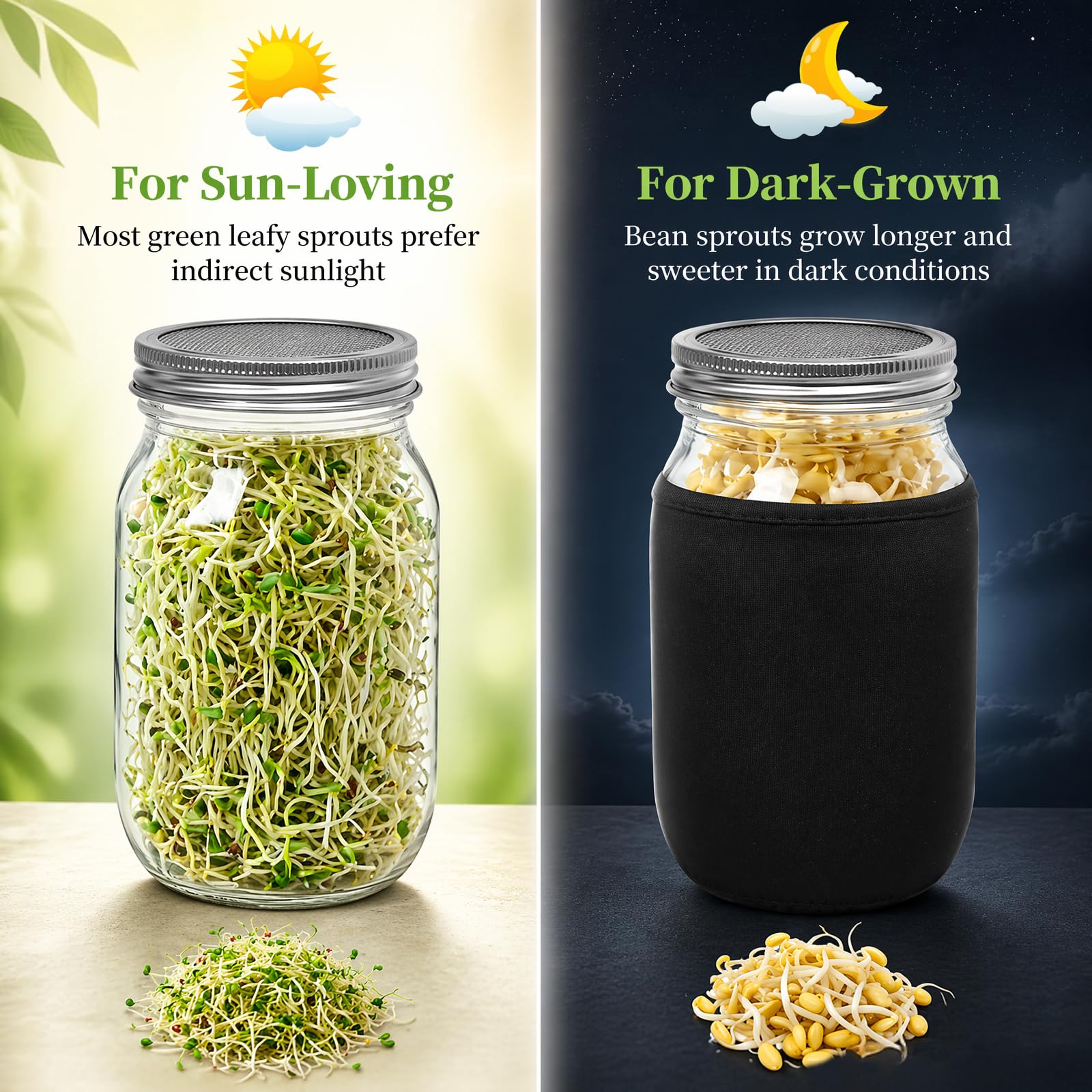 Keimglas, 2 Stück, 1000 ml Samen, Sprossenglas-Set, breite Öffnung, Einmachgläser mit Edelstahldeckel, Tablett, Ständer, Schattiertuch, Microgreens Wachstumsset für Alfalfa, Brokkoli-Samen