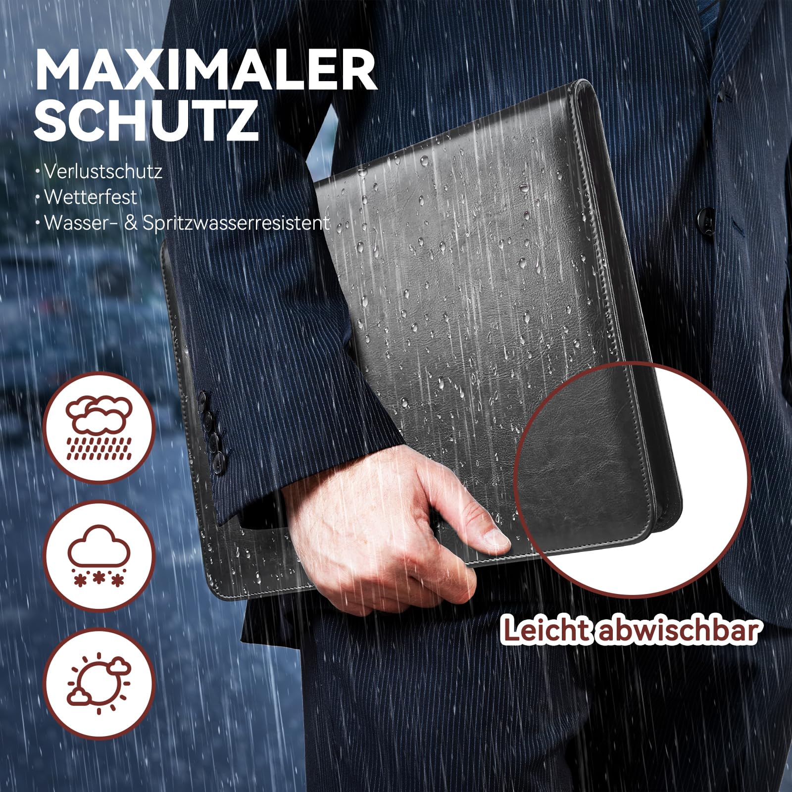Dokumentenmappe A4, Wasserabweisend mit Reißverschluss &Klemmbrett, Kunstleder Mappe Ideal für Geschäftsreisen, Lehrer als Herrengeschenk oder für den Büroalltag – Schwarz