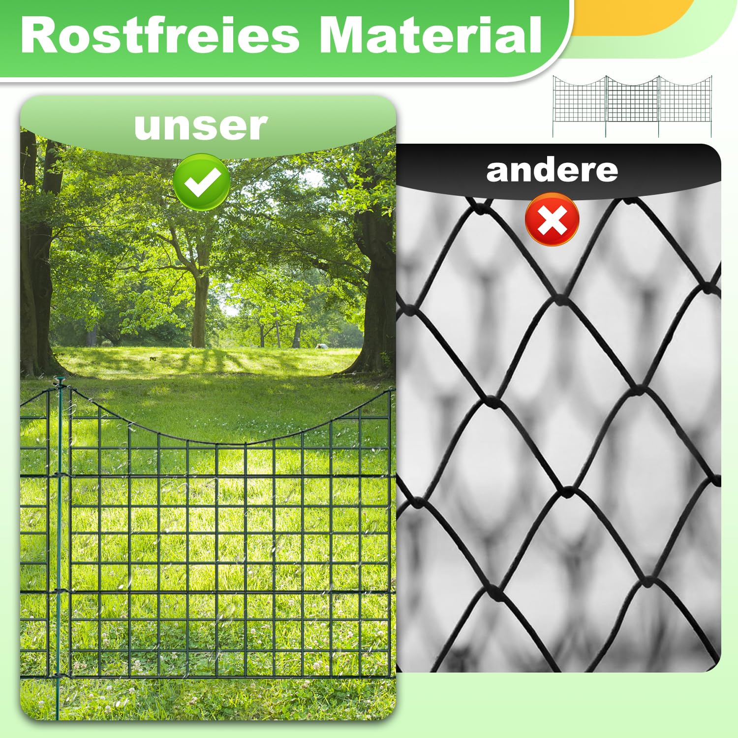 Teichzaun Gartenzaun Zierzaun – 10-teiliges Set U-förmiger Zaun mit 12 Befestigungsstäben für Gartengestaltung, Tiergehege und Teichumrandung (Grün, Unterbogen)