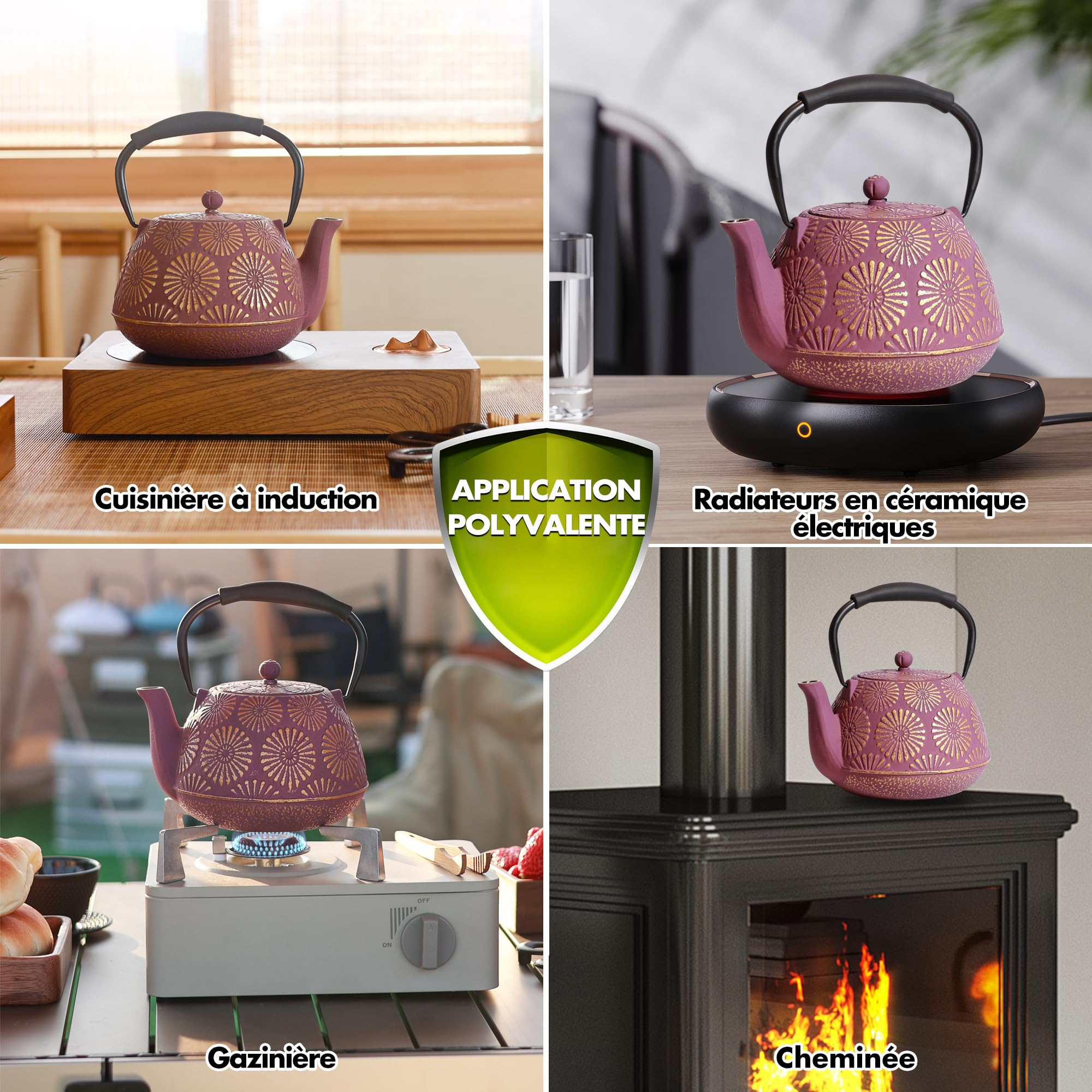 Théière en fonte, Grande capacité de 1200 ml avec infuseur pour cuisinière, Design Sakura japonais pour thé en feuilles avec intérieur émaillé, Poignée en silicone 40 oz Violet