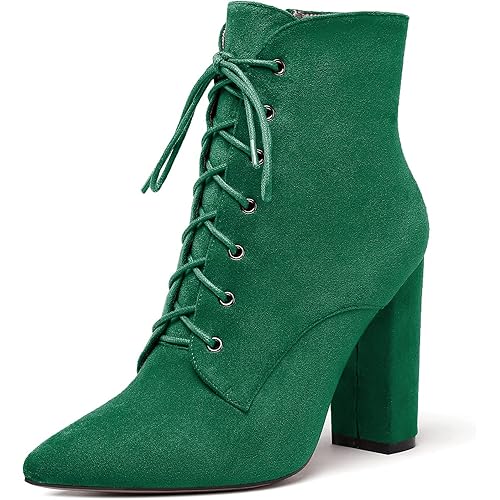 Eldof Women's Chunky Block 4 Inch High Heel Ankle Booties Pointed Toe Lace Up Side Zipper Chic Boots