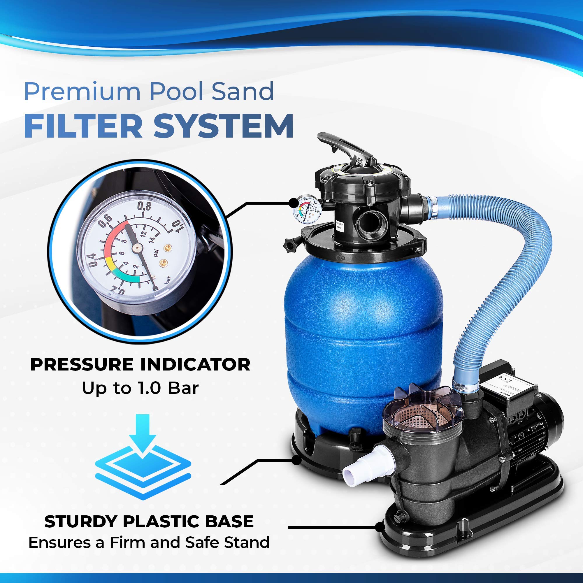 tillvex Pompa filtrująca do basenu 10 m³/h z kulkami 800 g - 7 funkcji filtracji - filtr basenowy ze wskaźnikiem ciśnienia - system filtracji piaskowej do basenów i wanien