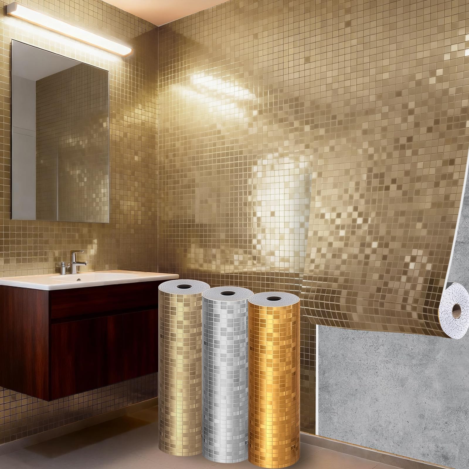 Takezuaa 5 Roll 3D Mosaic Self-Adhesive Wallpaper 40x300cm 2.2mm Thick PVC Waterproof Peel and Stick Wallpaper for Kitchen Bathroom Champagne Luxury Mirror Reflective Texture for KTV Bar