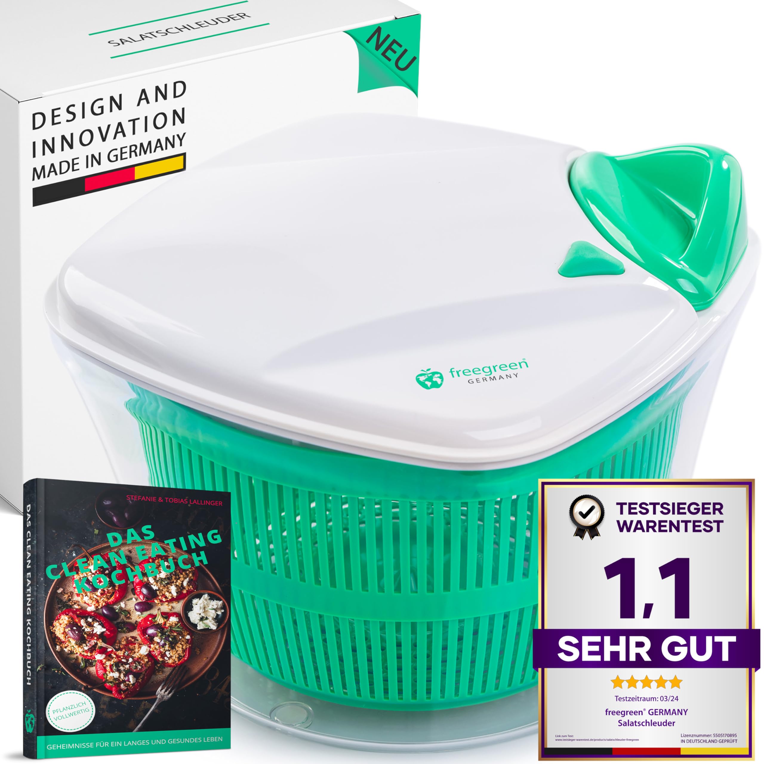freegreen® Germany Salatschleuder [5L] mit patentierten Zugmechanismus, Siebeinsatz & Deckel mit integriertem Wasser-Ausgießer I [inkl. Salat-Rezepte] I Salatschüssel zum stilvollen Servieren