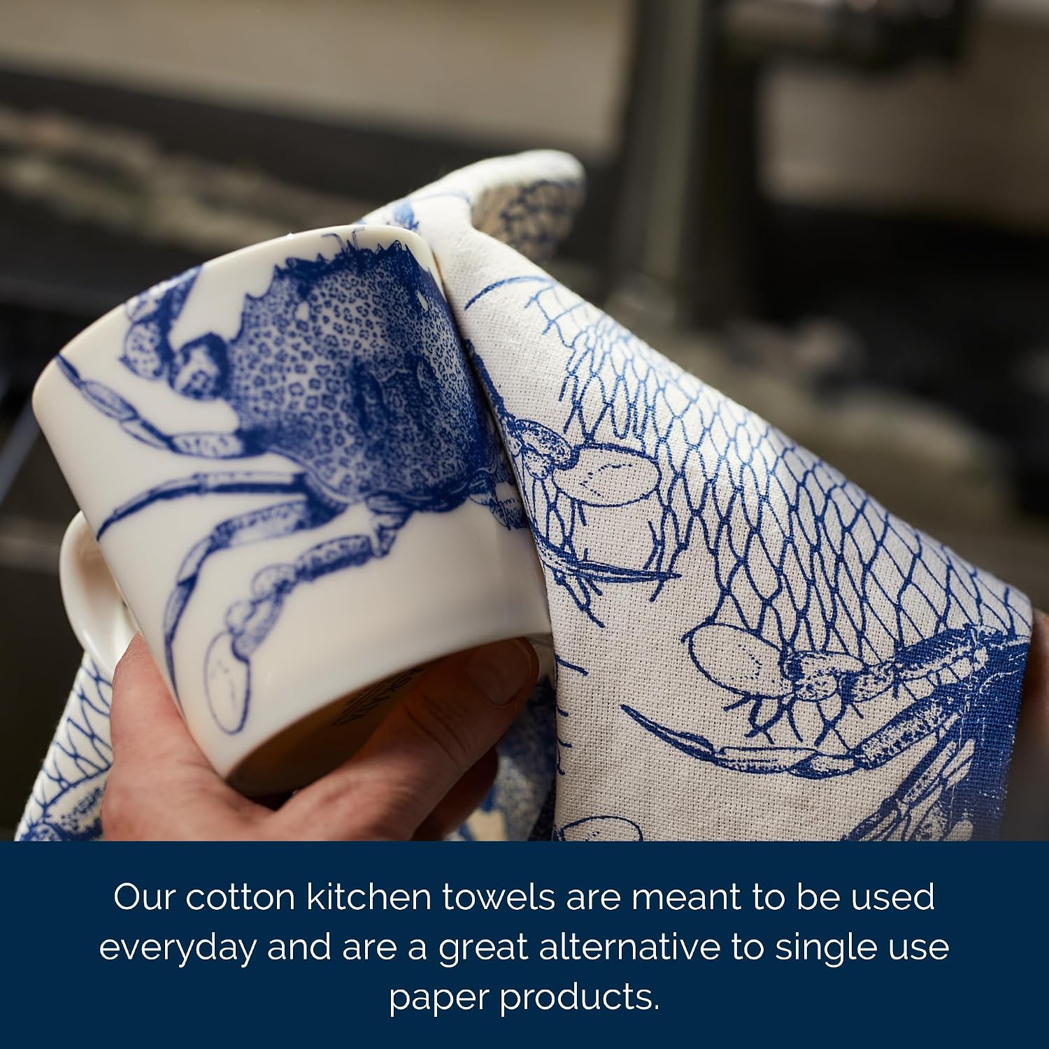 Caskata Crabs & Nets Kitchen Towels Set of 2 | 100% Cotton Quick Dry Cleaning Dishtowel | Perfect for Home, Dining, Birthday, Gifts | Blue and White, 20.5W X 30L