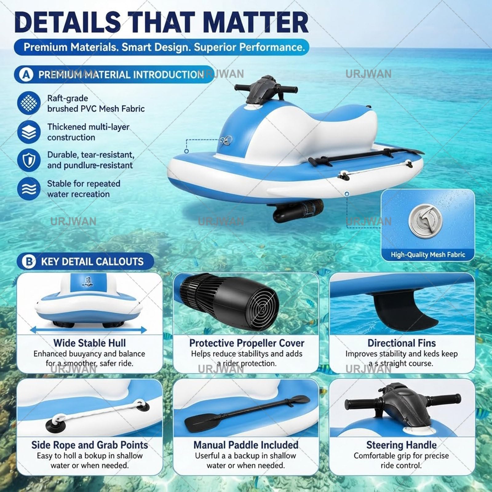 Gommone a 2 Posti con Motore & Scooter Subacqueo 500W/700W, 60 Min Motore Brushless, Batteria 10000mAh - 9km/h Attrezzatura per Immersioni Mare Adulti e Bambini 700W16A