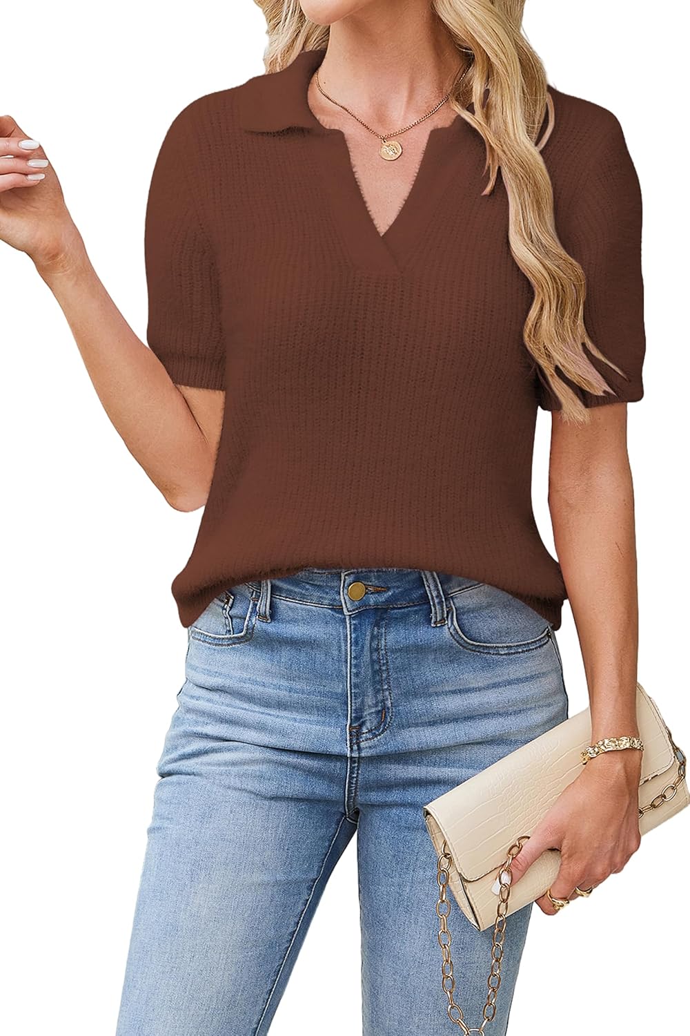 Cakulo Womens Fuzzy Short Sleeve V Neck Cropped Sweaters Tops 2025 Polo Collared Knit Pullover Sweater Rust Red S