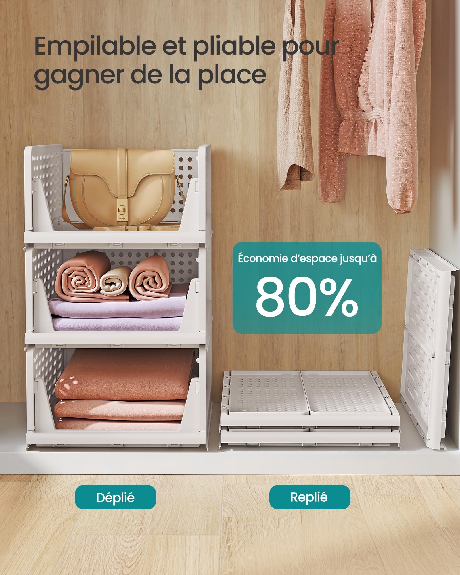 SONGMICS Organisateur d’Armoire Pliable, Lot de 6, Tiroir Coulissant Empilable, Panier, Étagère de Rangement, en Plastique, pour Chambre, Bureau, Salle de Bain, Blanc LPC600WZ01