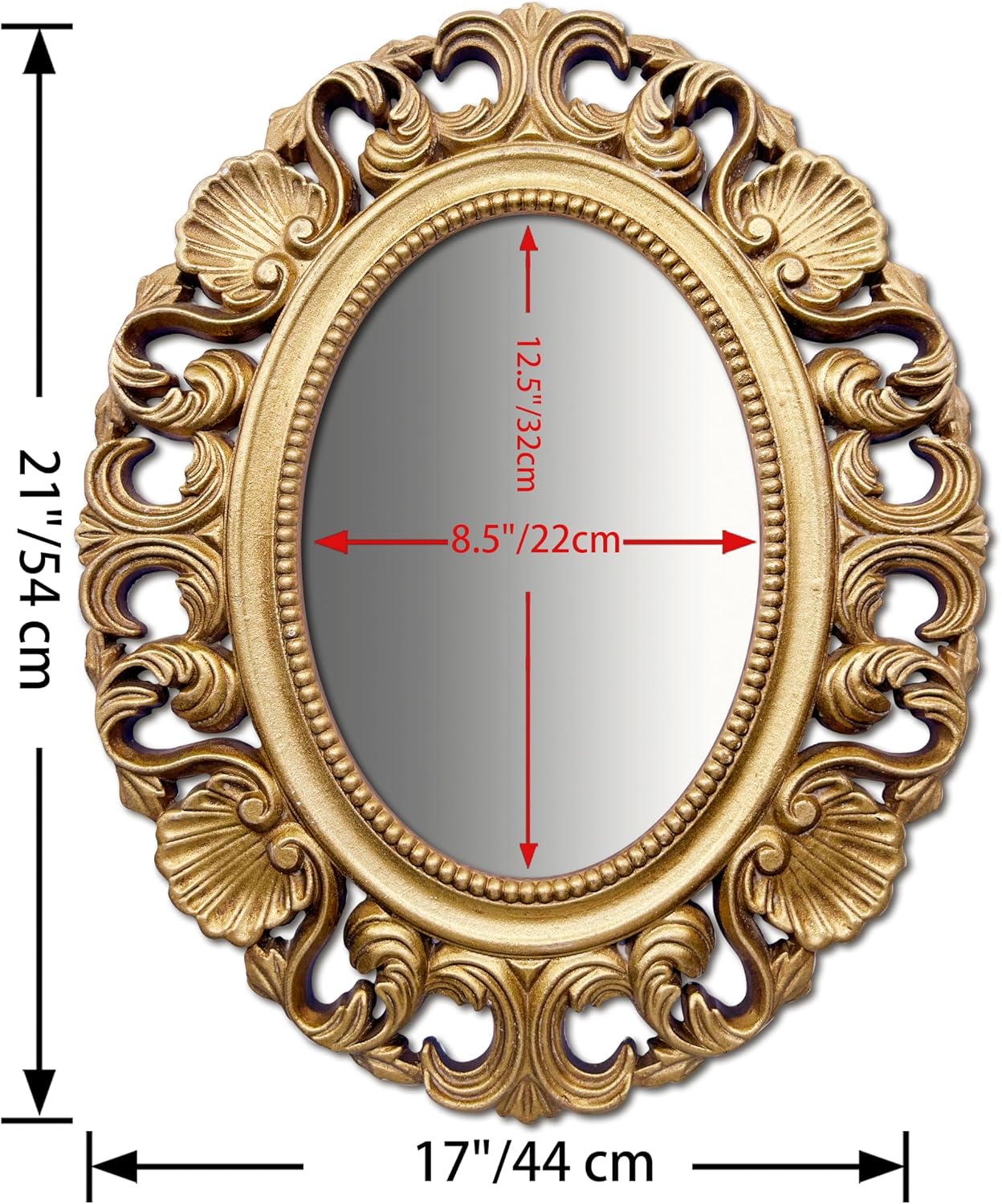 Vintage Oval Wall Mirror, Ornate Baroque Carved Frame, Distressed Antique Gold Decorative Mirror for Bathroom Vanity Bedroom Living Room, 21 x 17 Inch