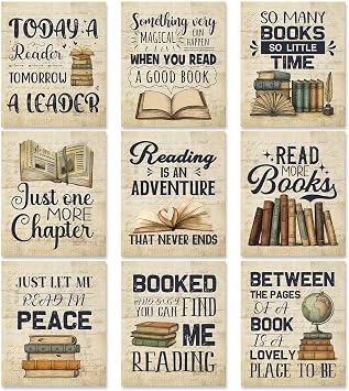 9 Pcs Vintage Reading Posters for Library Reading Comprehension Posters Classroom Chalkboard Decor Book Bulletin Board Set Library Corner Wall Art for Elementary Middle High School Decorations