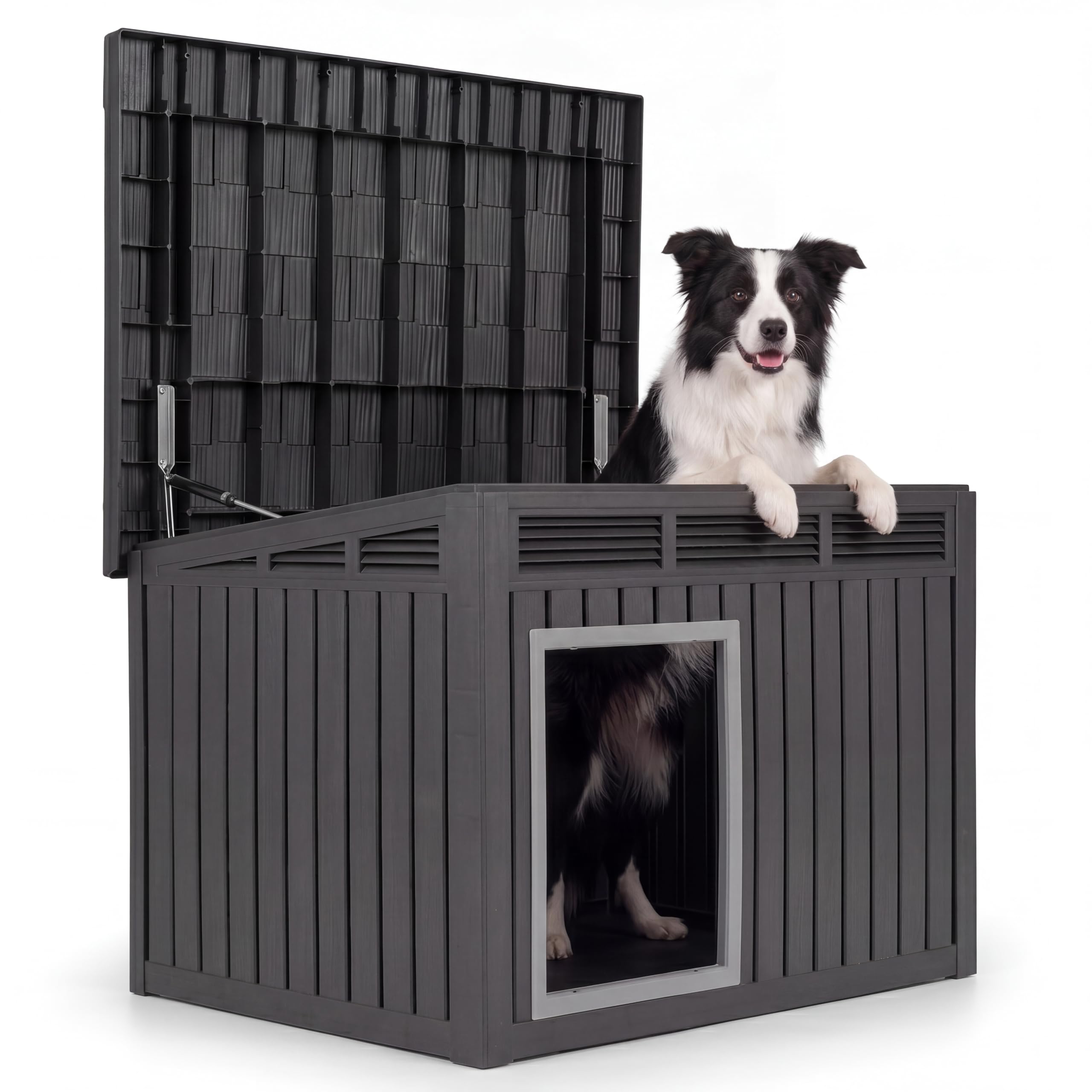 DREAMADE Hundehütte Outdoor, Hundehaus wetterfest | mit aufklappbarem Schrägdach, Gasdruckfedern Belüftungsöffnungen & Ablauflöchern, Hunde Hütte für kleine & mittelgroße Hunde