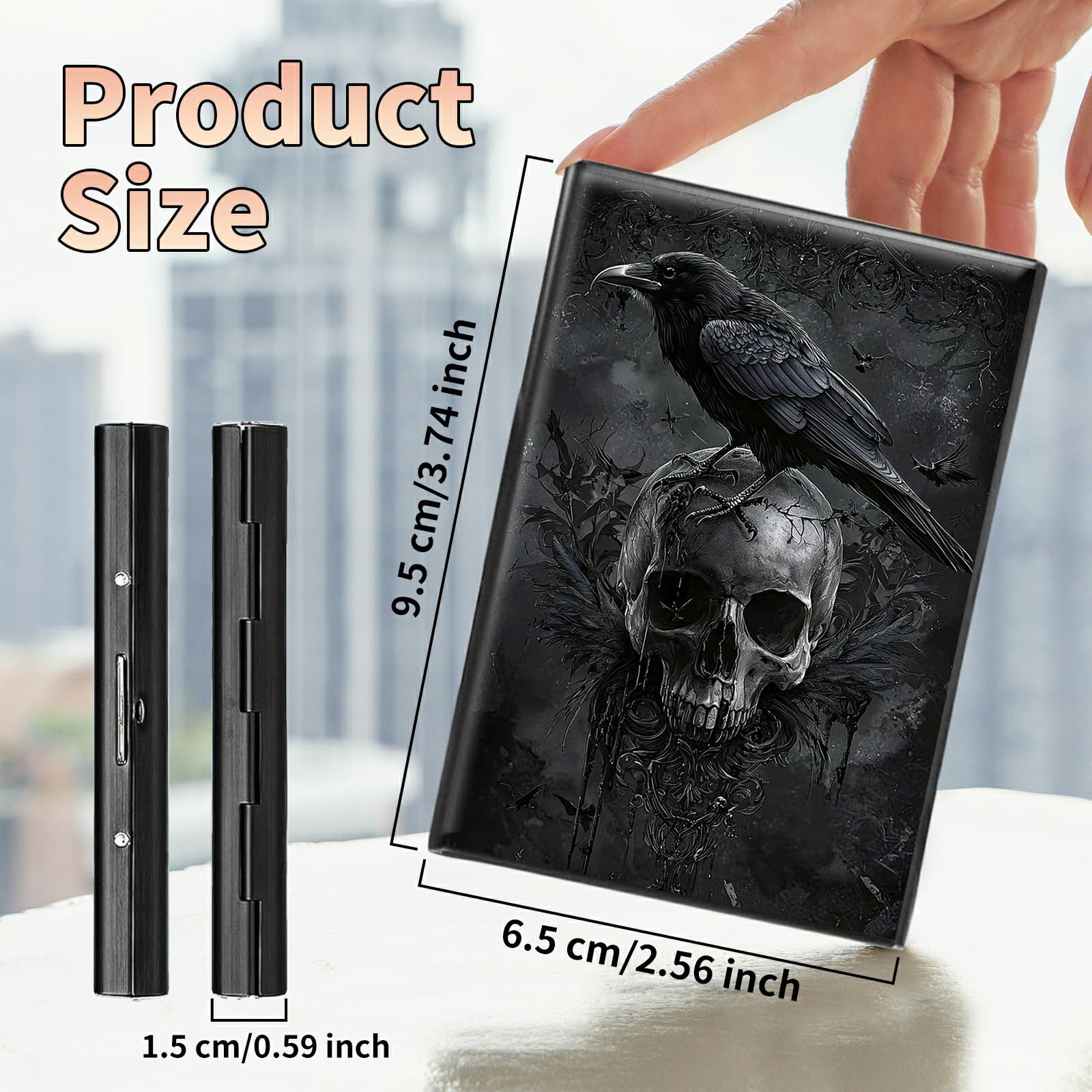 BWEGRHE Slim Credit Card Holder, Crow Skull RFID Blocking Metal Wallet for Men & Women, Aluminum Minimalist Hard Case Pocket-Sized Business Cards Organizer (Fits Up to 10 Cards)