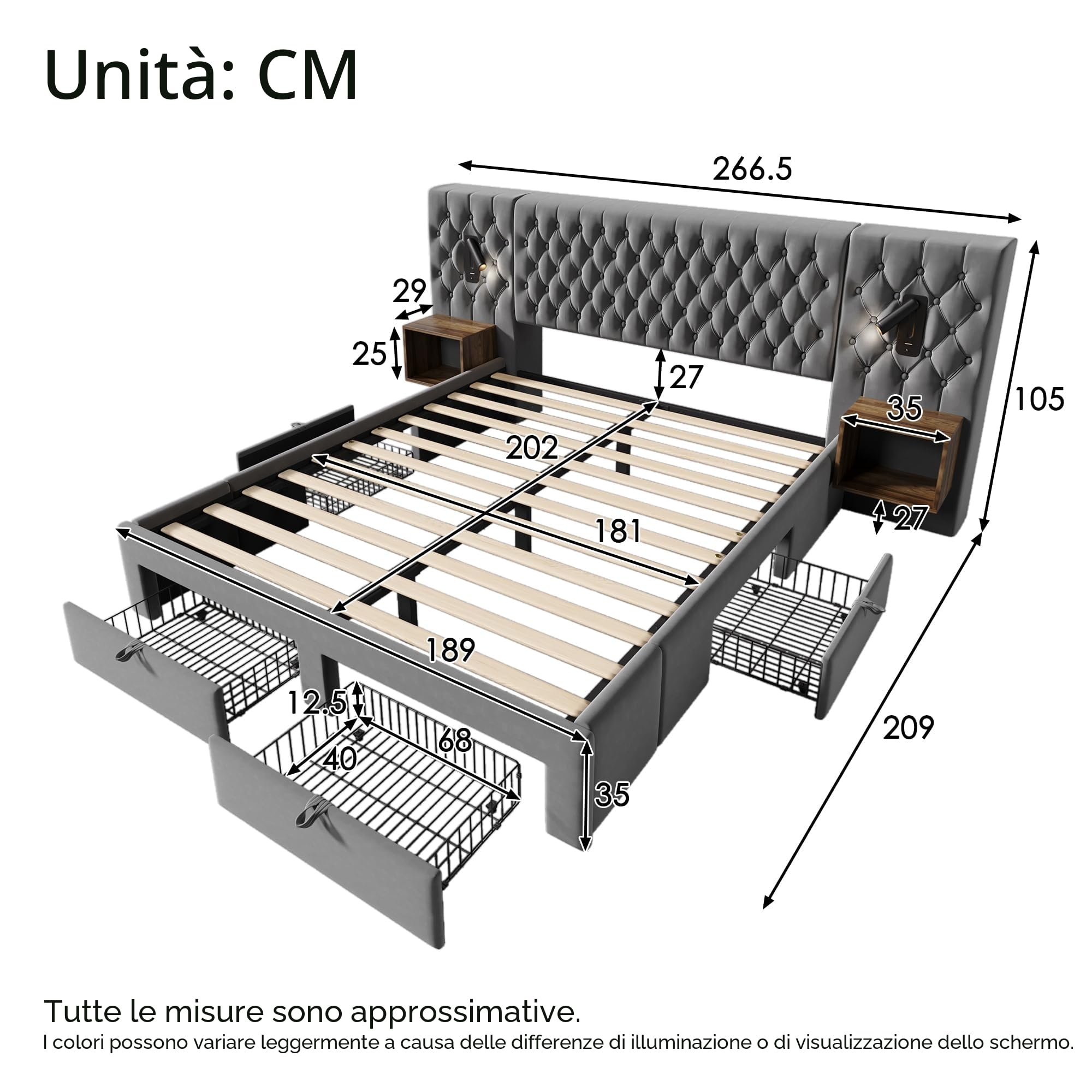 Set Completo per Letto Matrimoniale - Letto Imbottito 180 x 200 cm, Comodini e Cassetti, Lampada da Lettura USB
