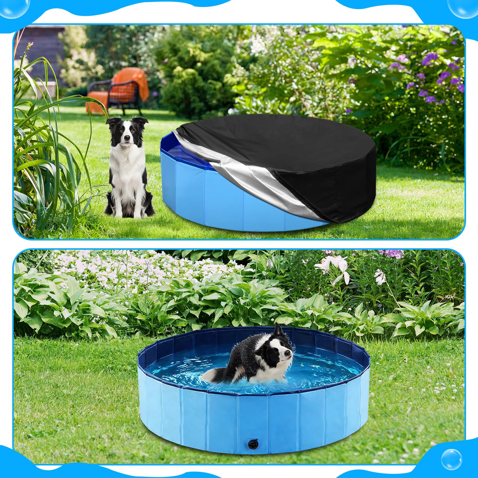 Hundepool fur Große Hunde 160 x 30 cm mit Staubschutz Faltbarer Pool | für Hunde aus PVC Große Hundebadewanne, tragbarer Außenpool, Garten