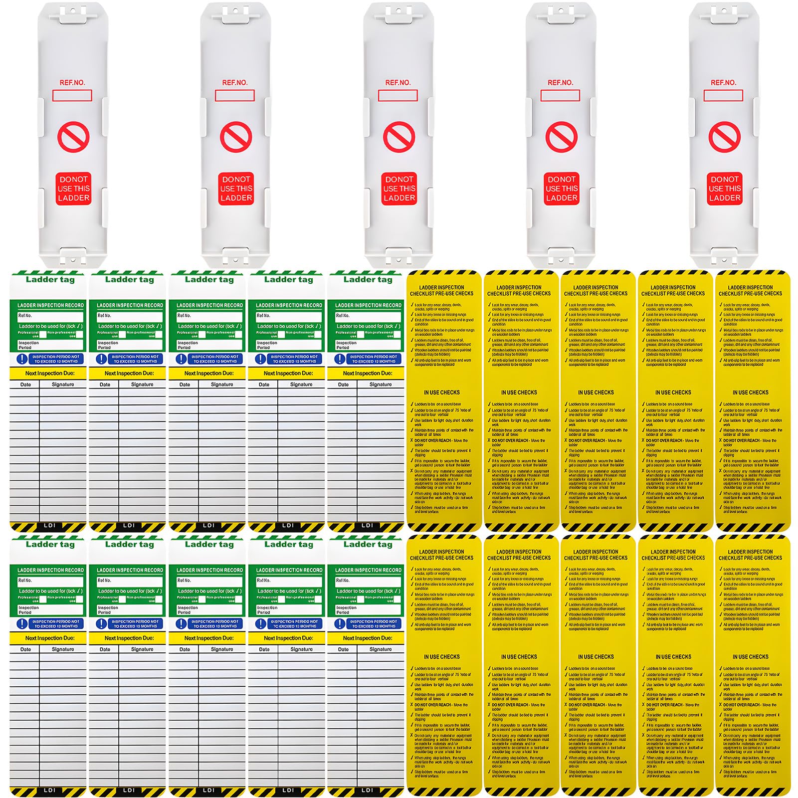 Gkhlg 5 Pack Ladder Inspection Tags Brackets with 10 Labels Waterproof High Visibility Safety Ladder Tags for Workplace Construction Industrial Site Equipment Inspection Management