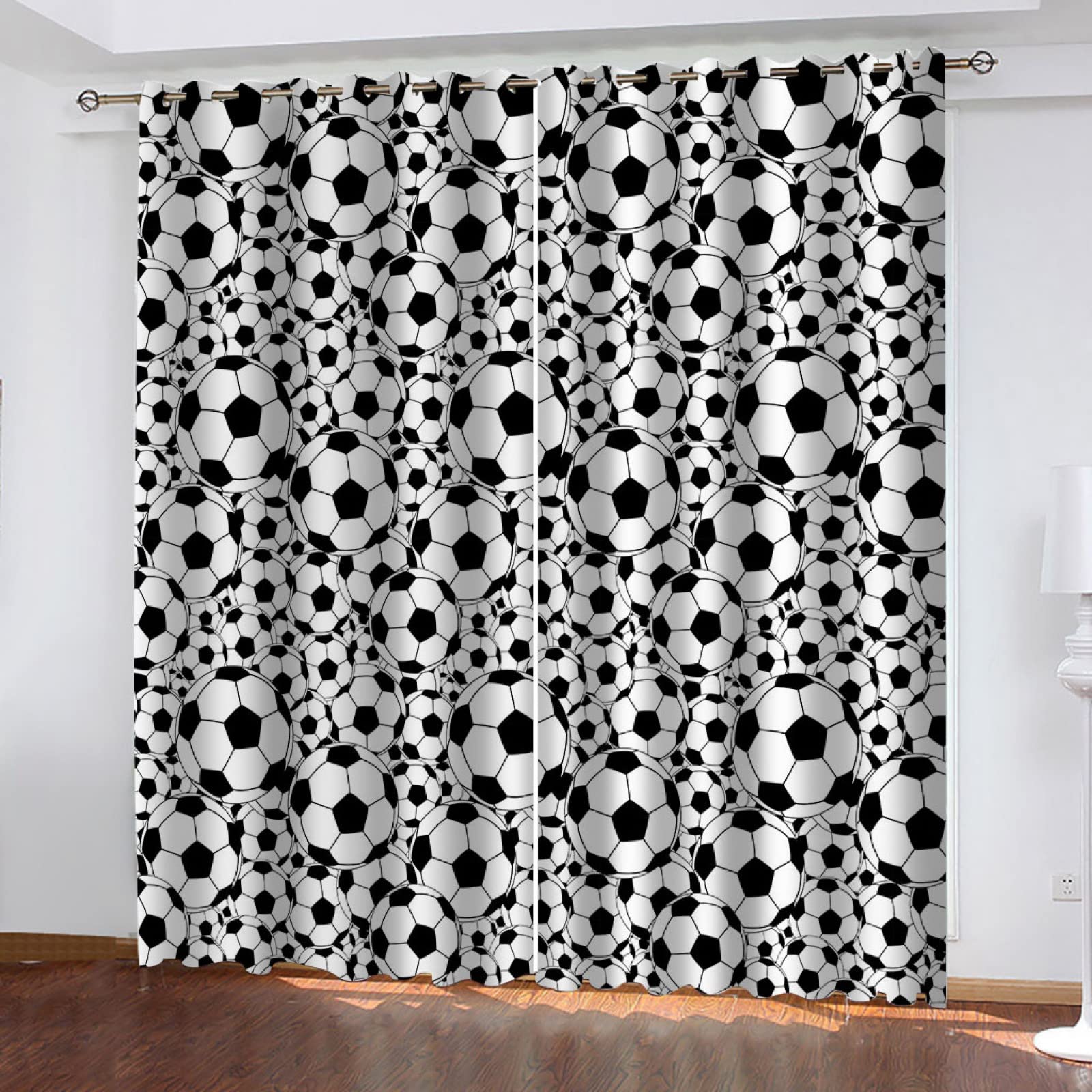 Curtains For Bedroom 3D Black And White Football Print Printed Curtains For Kids Boys, Blackout Eyelet Curtains 55x96 Inch Pattern Thermal Insulated Room Darkening, Window Draperies For Living Room