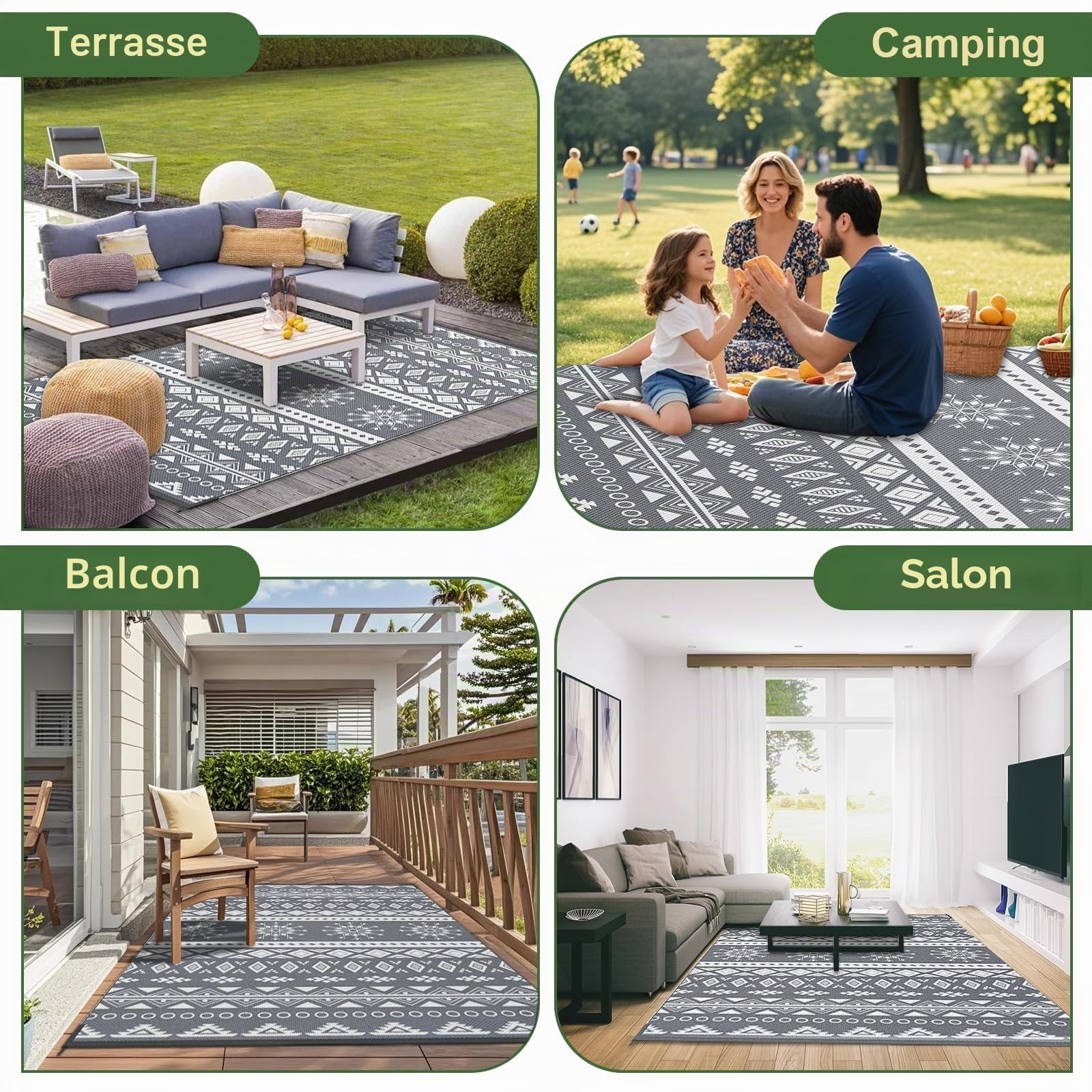 MOKANI Grand tapis d'extérieur et d'extérieur imperméable, réversible, en plastique, léger, pliable, résistant aux UV, pour camping-car, balcon, plage, terrasse - 150 x 240 cm
