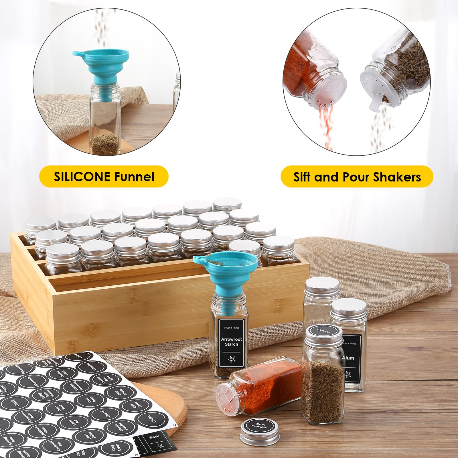 Bambus-Gewürzregal-Organizer mit 28 Gewürzgläsern, 396 Etiketten, 4-stöckiges Holz-Hängeregal, Kreidemarker und Trichter, Set für Schublade, Schrank, Küche, Wandhalterung, leeres Glas und Streudeckel
