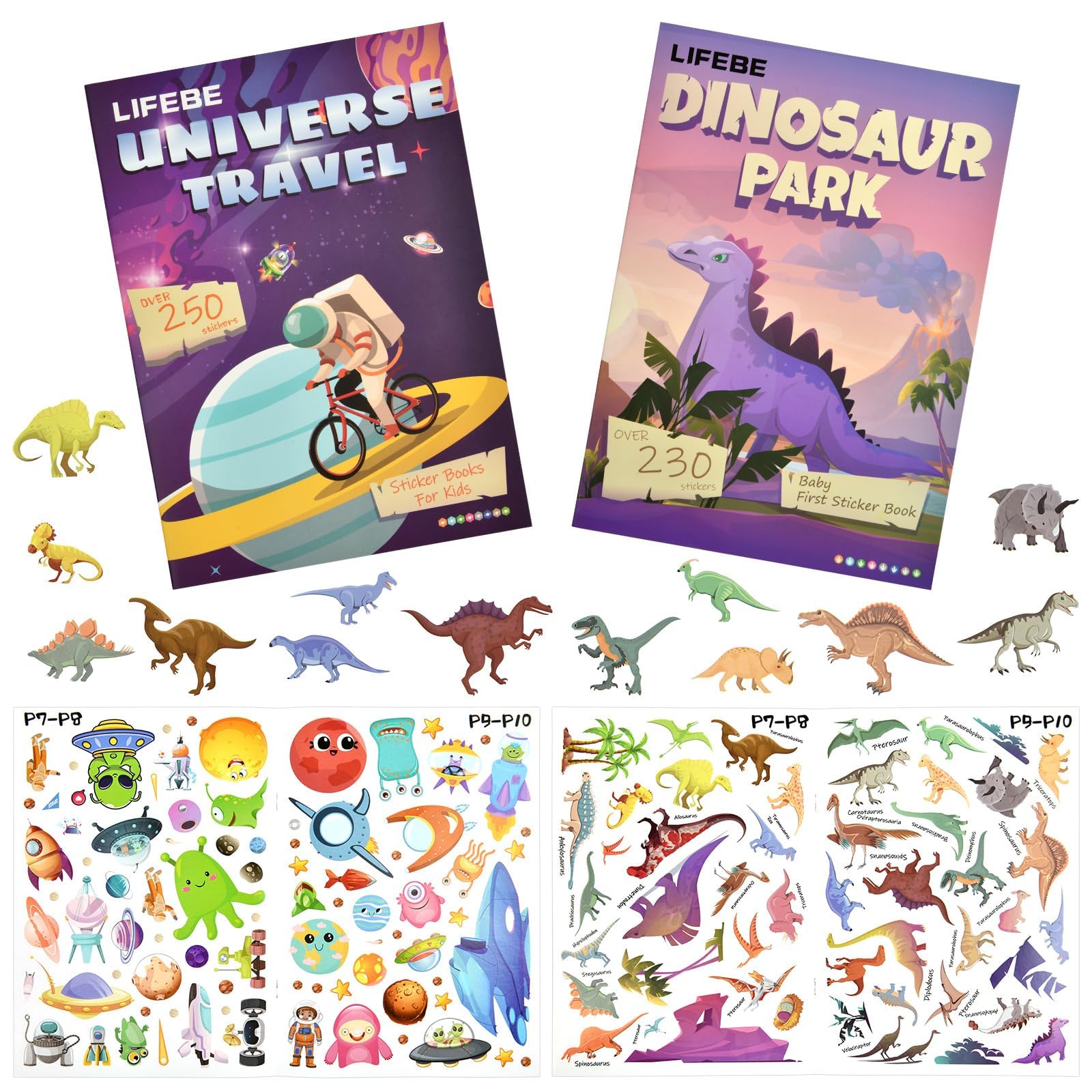 KASTWAVE Sticker Books, KASTWAVE 2Pcs Reusable Sticker Book Learning Toys for 2 to 6 Years Old Boys Girls, Dinosaur Park and Space Travel Sticker Books for Toddler Educational Sticker Toy