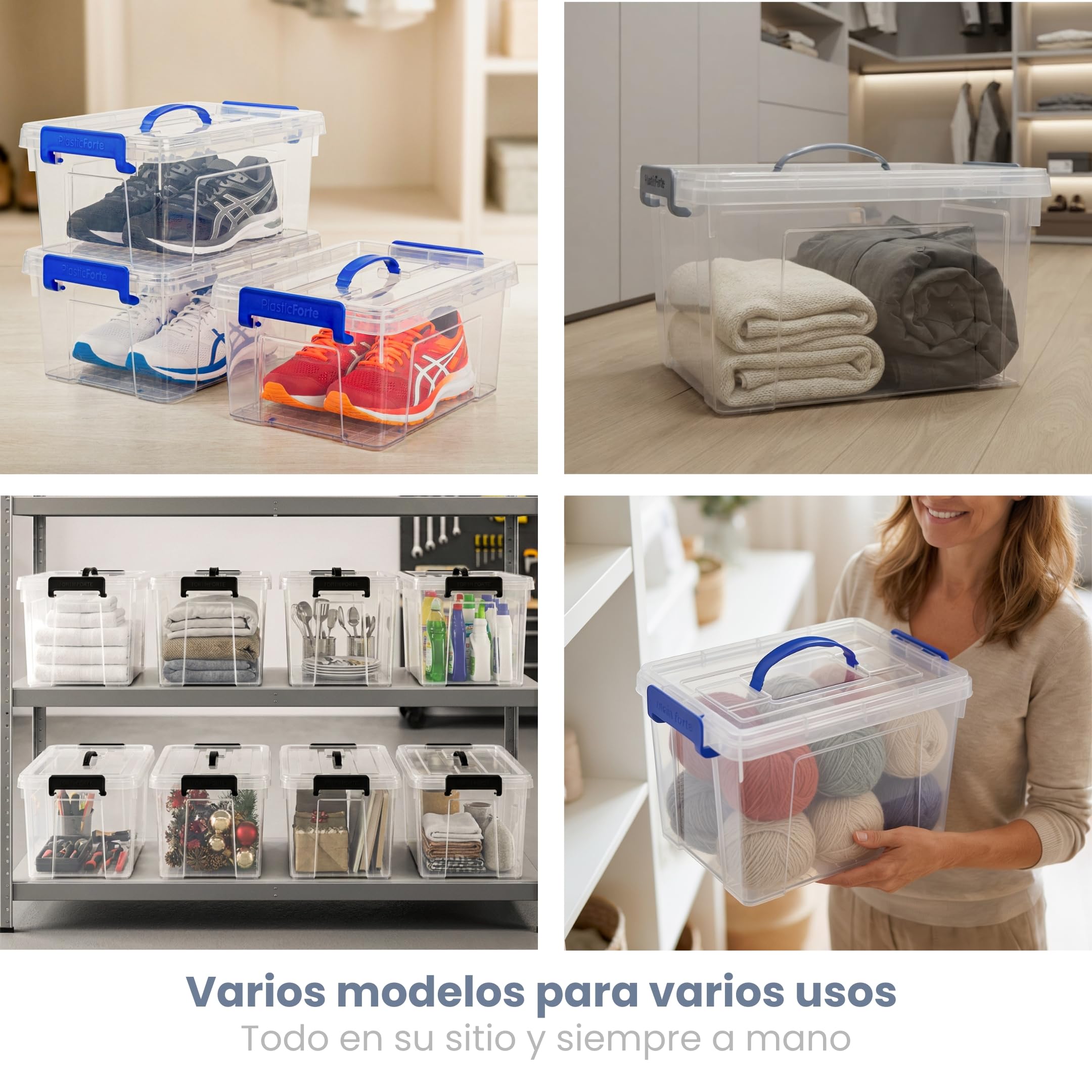 PlasticForte – Pack de Cajas de Almacenamiento con Asa de Transporte - Plástico Resistente, Apilables, Transparentes - Organizador (Azul, Pack 6, 12.6, Litros)