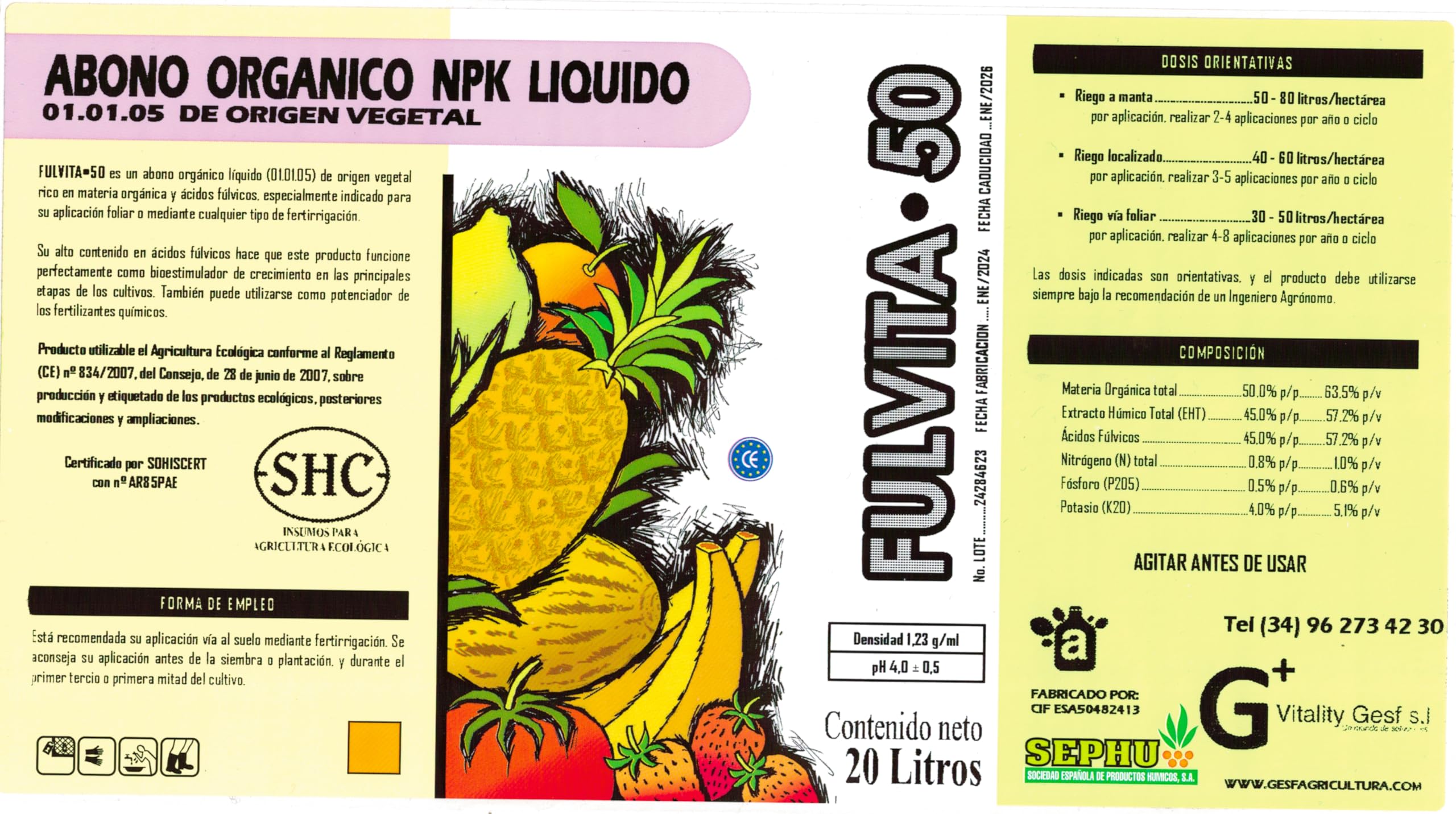 FULVITA·50 Ácidos Fúlvicos 57 % p/v de Origen Vegetal 20L | Abono Orgánico Líquido NPK | Estimulador radicular y foliar | Apto agricultura ecológica CE 834/2007