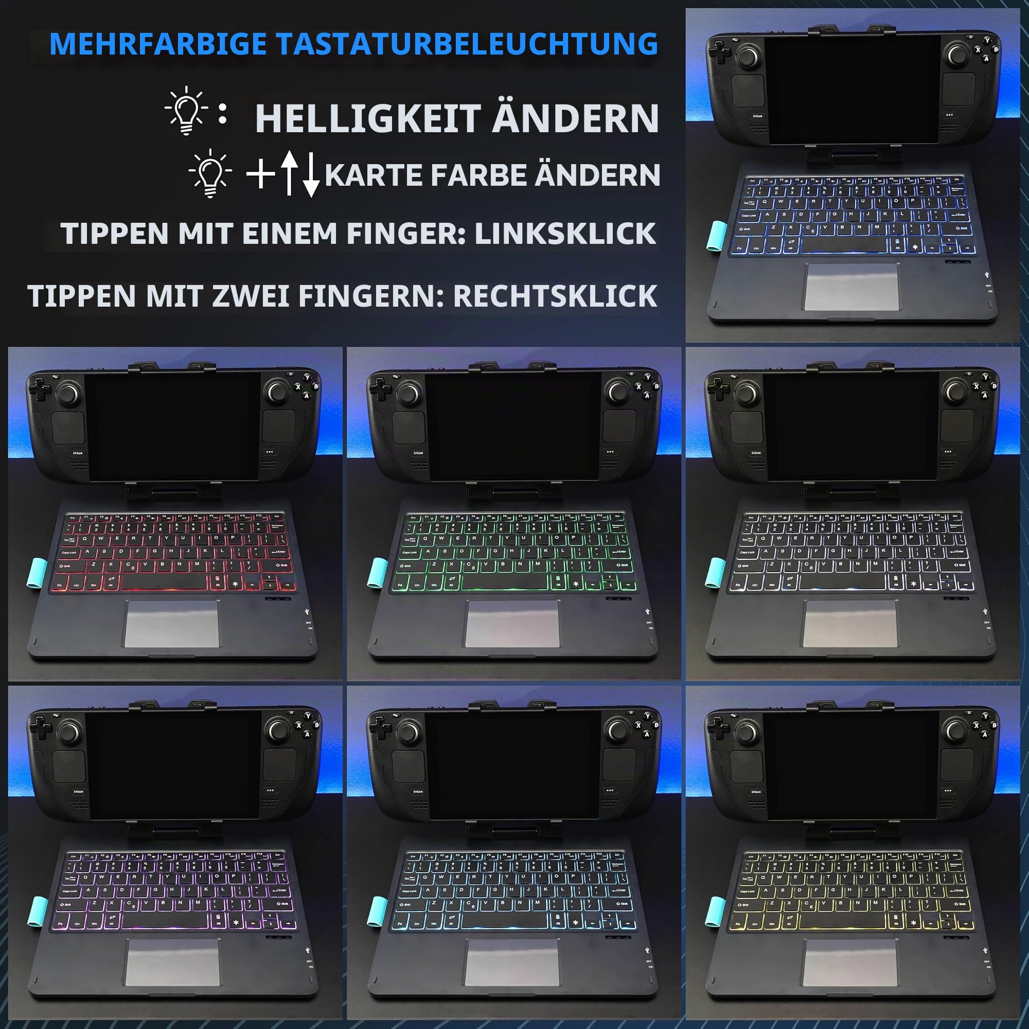 DeckTop mit Splitter – Steam-Deck-Tastatur und Bluetooth-Trackpad-Maus mit mehrfarbigem LED-Laptop-Zubehör für Ventil, Linux-PC, Gaming-Zubehör (Steam Deck/ROG Ally)