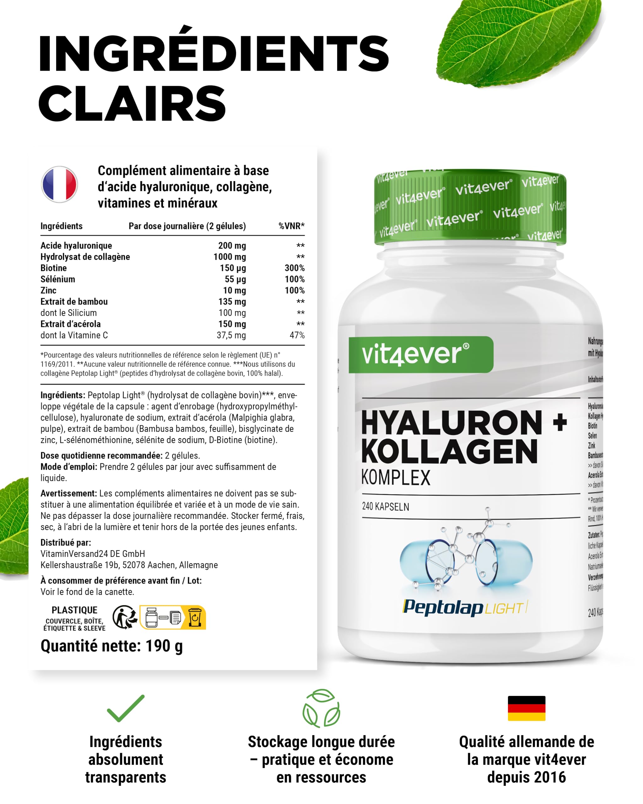 vit4ever Complexe Collagène Acide Hyaluronique - 240 Gélules - Premium: avec de la Biotine Bioactive, du Sélénium, du Zinc, de la Vitamine C Naturelle Issue de l'Acérola et du Silicium Issu du Bambou