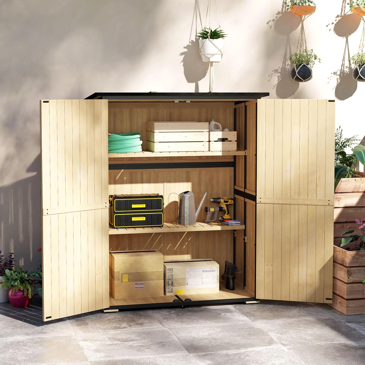 55.1Wx29.1Dx65.7/68.1H 2 Shelves 44lbs/110lbs Capacity Fir Wood Storage Shed and Asphalt Roof Lockable Doors Adjustable Feet Powder-Coated Steel FFor rame Natural Finish