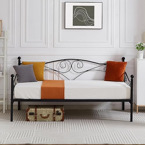 Miniatura 6 de VECELO Marco de sofá cama, cama de plataforma de metal tamaño individual con cabecero, listones de acero resistente soporte para sala de estar,