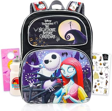 Nightmare Before Christmas Backpack for Kids Bundle w/ 16" Bookbag + More | Large Durable Jack Skellington School Bag w/ Front Zip Pocket Plus Water Bottle, Stickers, More - NBC School Supplies