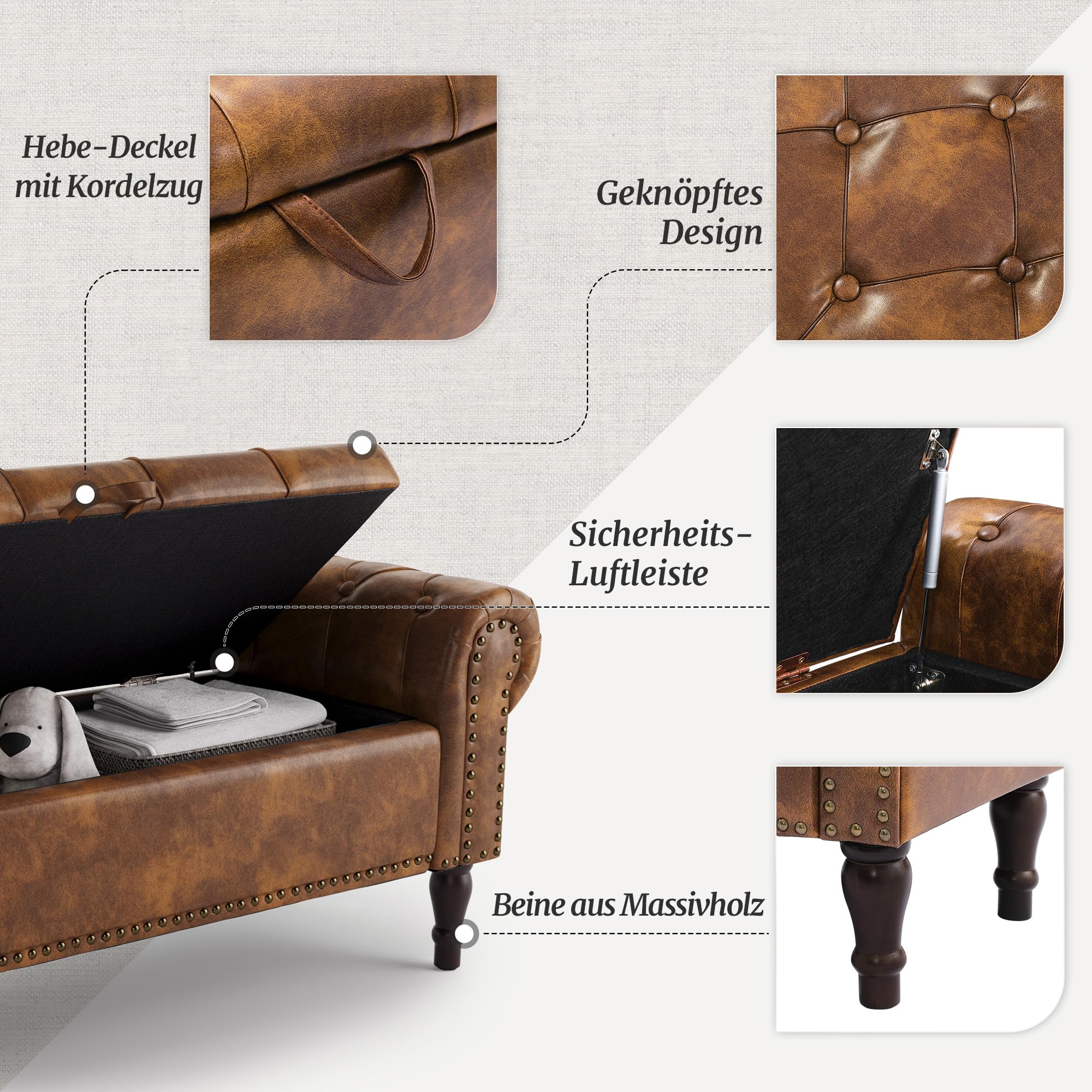 LUE BONA Sitzbank mit Stauraum 130 cm,Sitzbank Bank mit Aufbewahrungsbox,Bettbank Gepolstertem Kissen,Sitztruhe mit Armlehnen aus PU-Kunstleder für Schlafzimmer,Flur,130 X 43 X50 cm,Gelblich-Braun