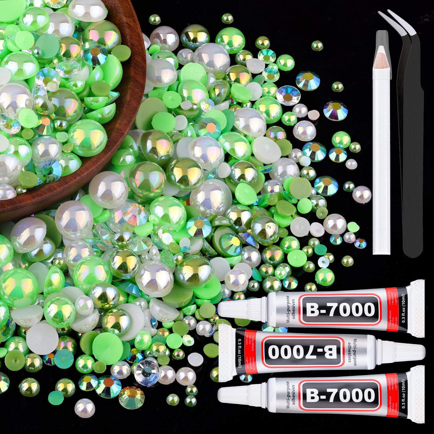 80g Flatback Pearls and Rhinestones for Crafting, Green 3-10mm Resin Rhinestones and Half Pearls for Bedazzling, Nail Art and Dec with 3pcs 10ml B7000