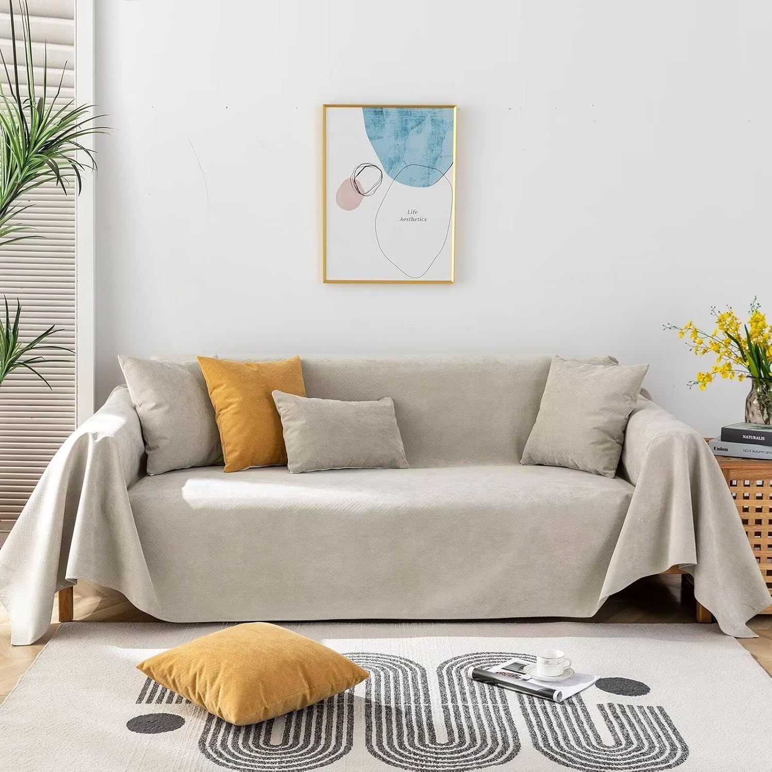 VClife Solid Beige Couch Cover French Terry Sofa Slipcover Water Resistant Futon Cover Slipcover for 3 Cushion Couch Sofa, Cooling Soft French Terry Khaki Tan Sectional Couch Cover for Dog Cat Pet X-Large (71*134inch) Waterproof Khaki