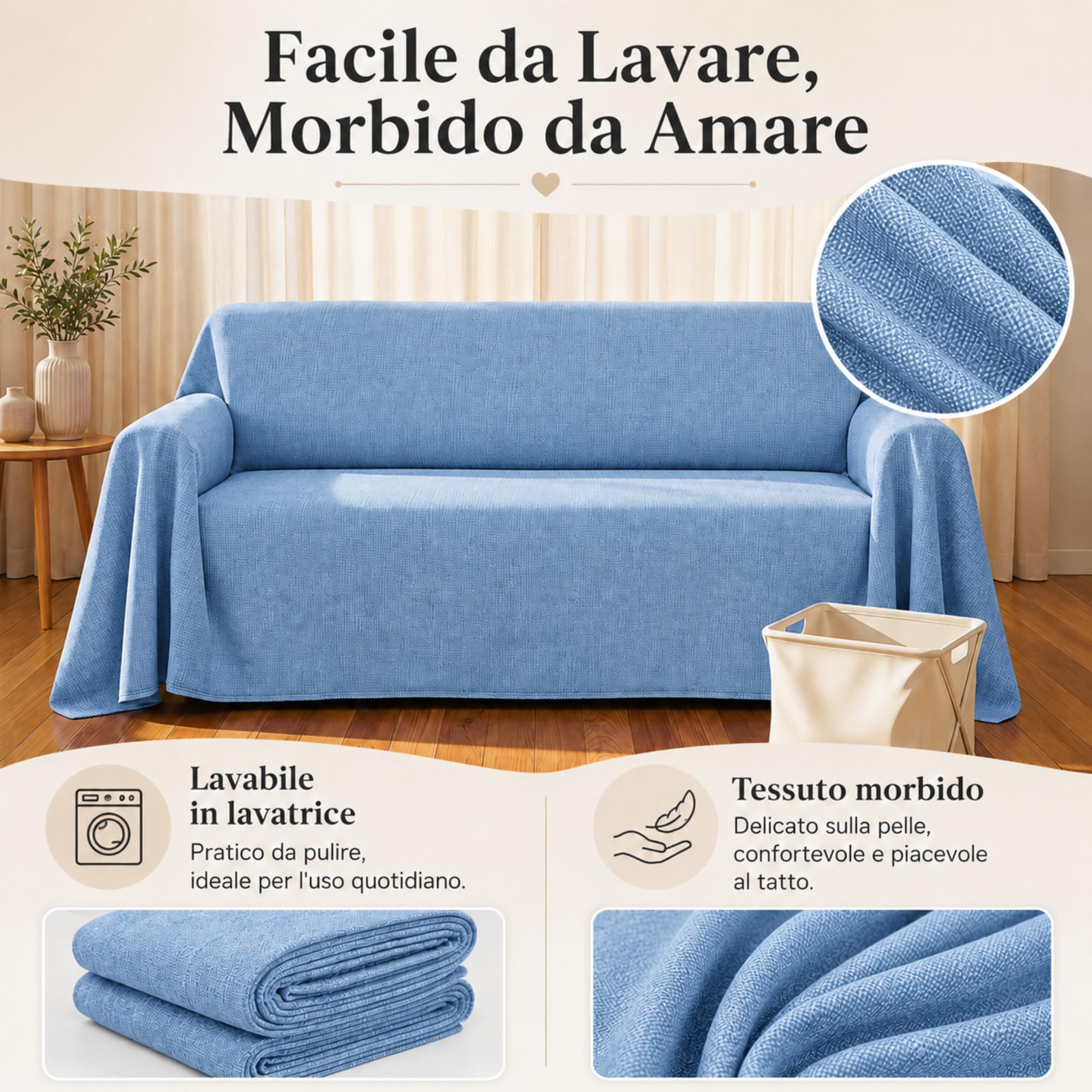 VKZ Copriletto Granfoulard 230×270cm Azzurro, Telo Copritutto Multiuso per Letto e Divano, Telo Arredo Foulard Copridivano