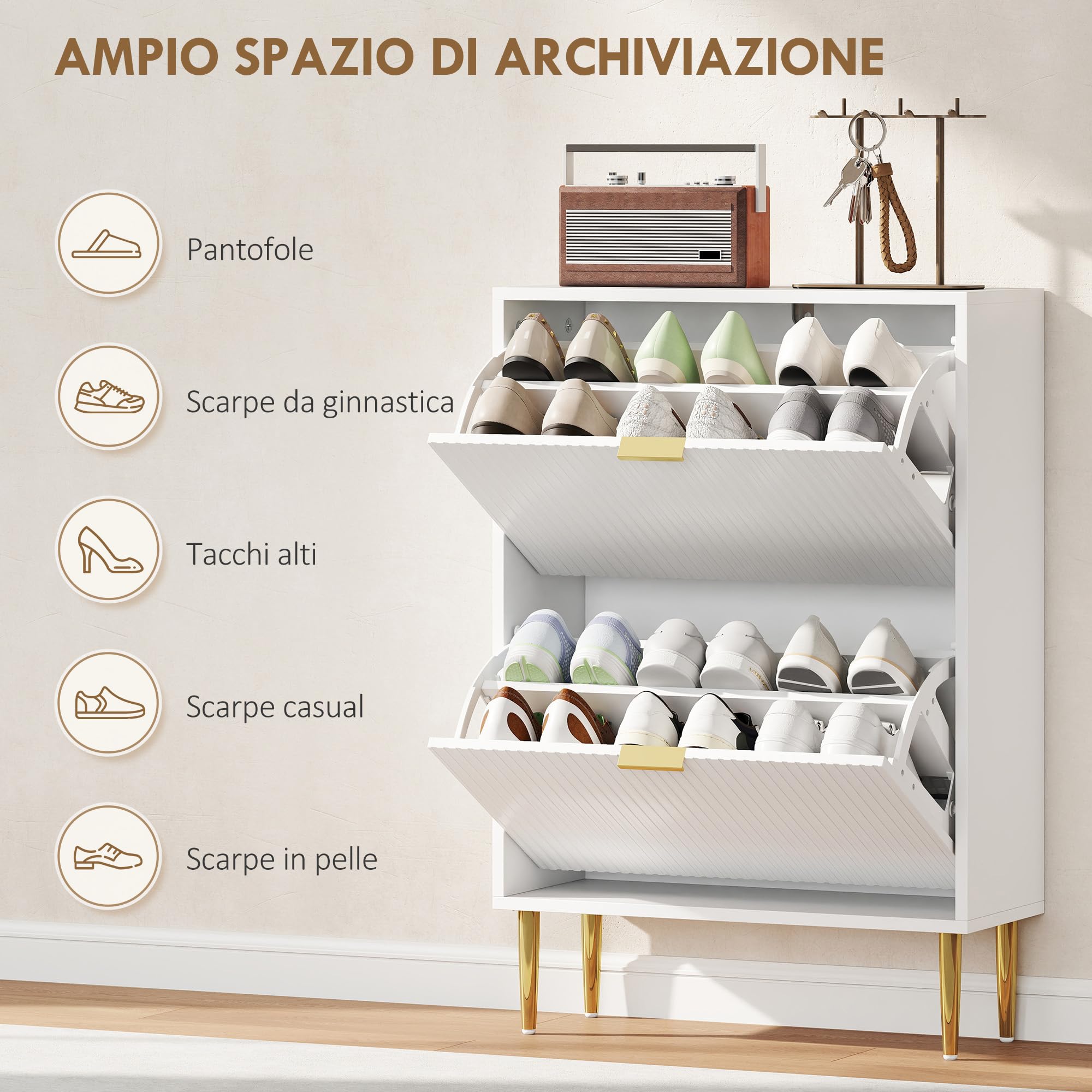 HOMCOM Scarpiera Salvaspazio Slim con 2 Ante Scanalate a Ribalta, Scarpiera Ingresso Moderna in Legno con Ripiani Regolabili su 2 Livelli, Porta Scarpe per 12 Paia con Maniglia, 60x24x91.5 cm, Bianco