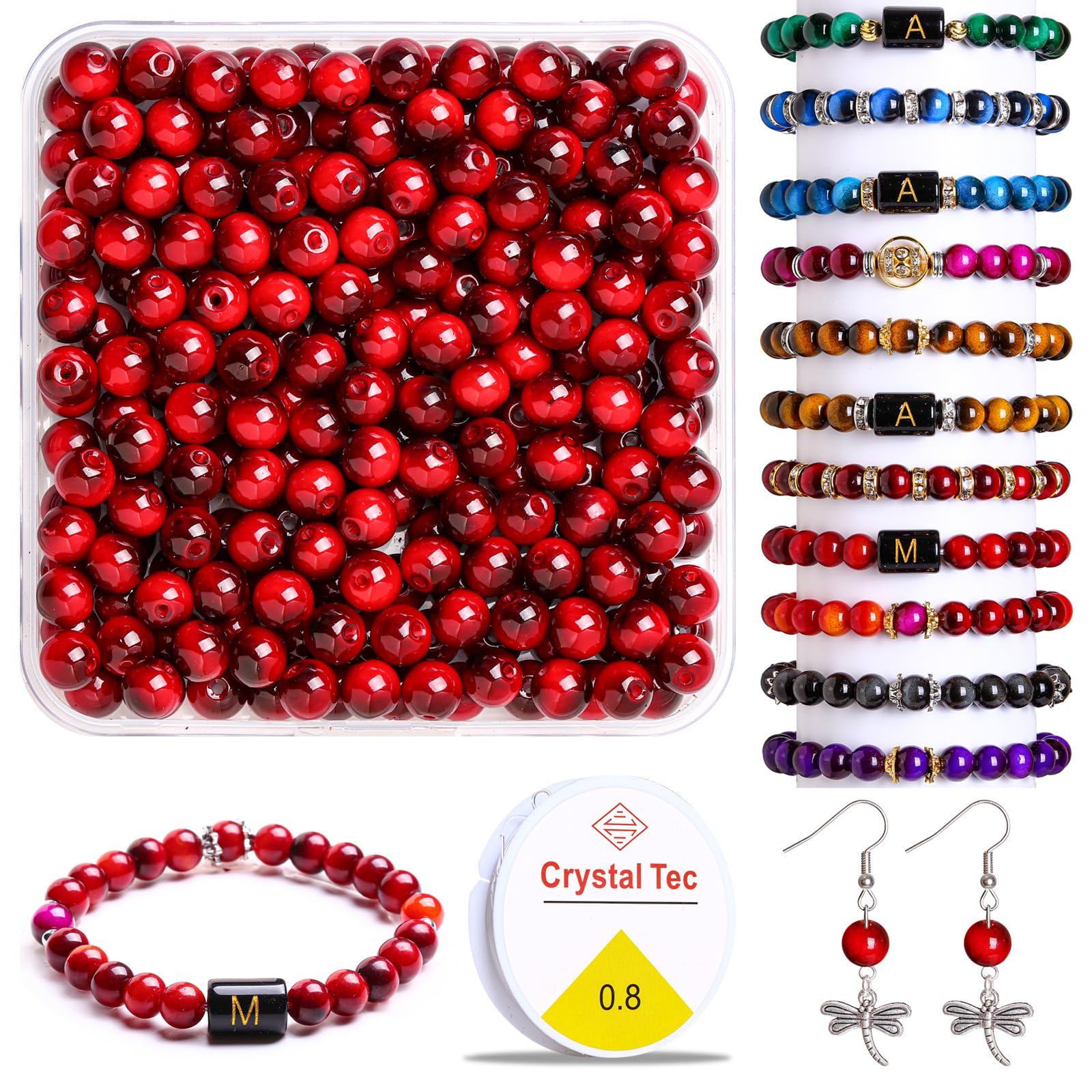 200pcs 8mm Dark Red Tiger Eye Beads for Jewellery Making, Round Gemstone Glass Beads for DIY Bracelet Necklace Earring and Crafting,with Storage Box and Elastic String