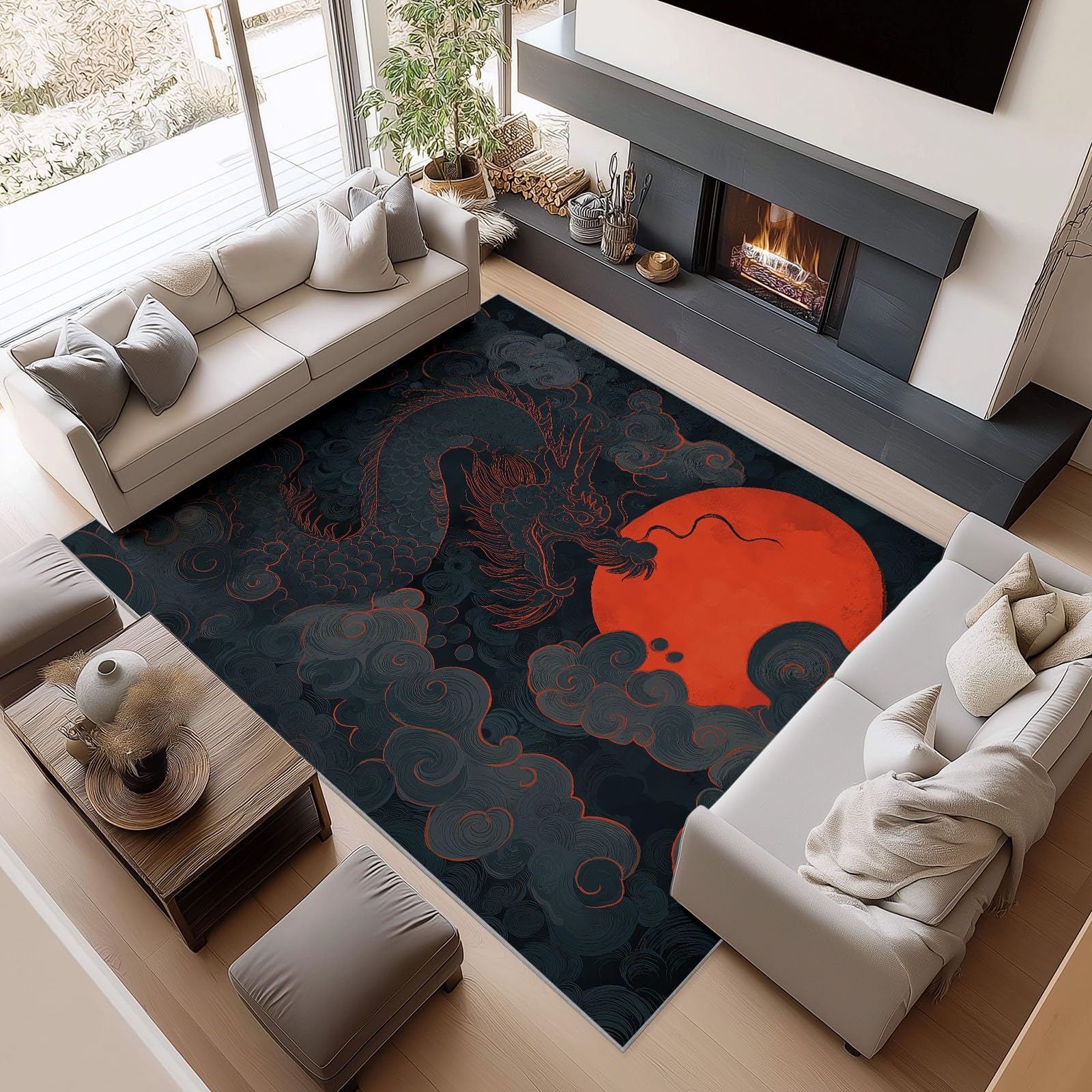 Générique Tapis de Salon 160 x 230 cm Dragon Chinois Fantastique Lune Rouge, Tapis Peinture À L’Encre Antidérapant, Paillasson Interieur Entree à Poil Ras Moquette pour Chambre Bureau Cuisine