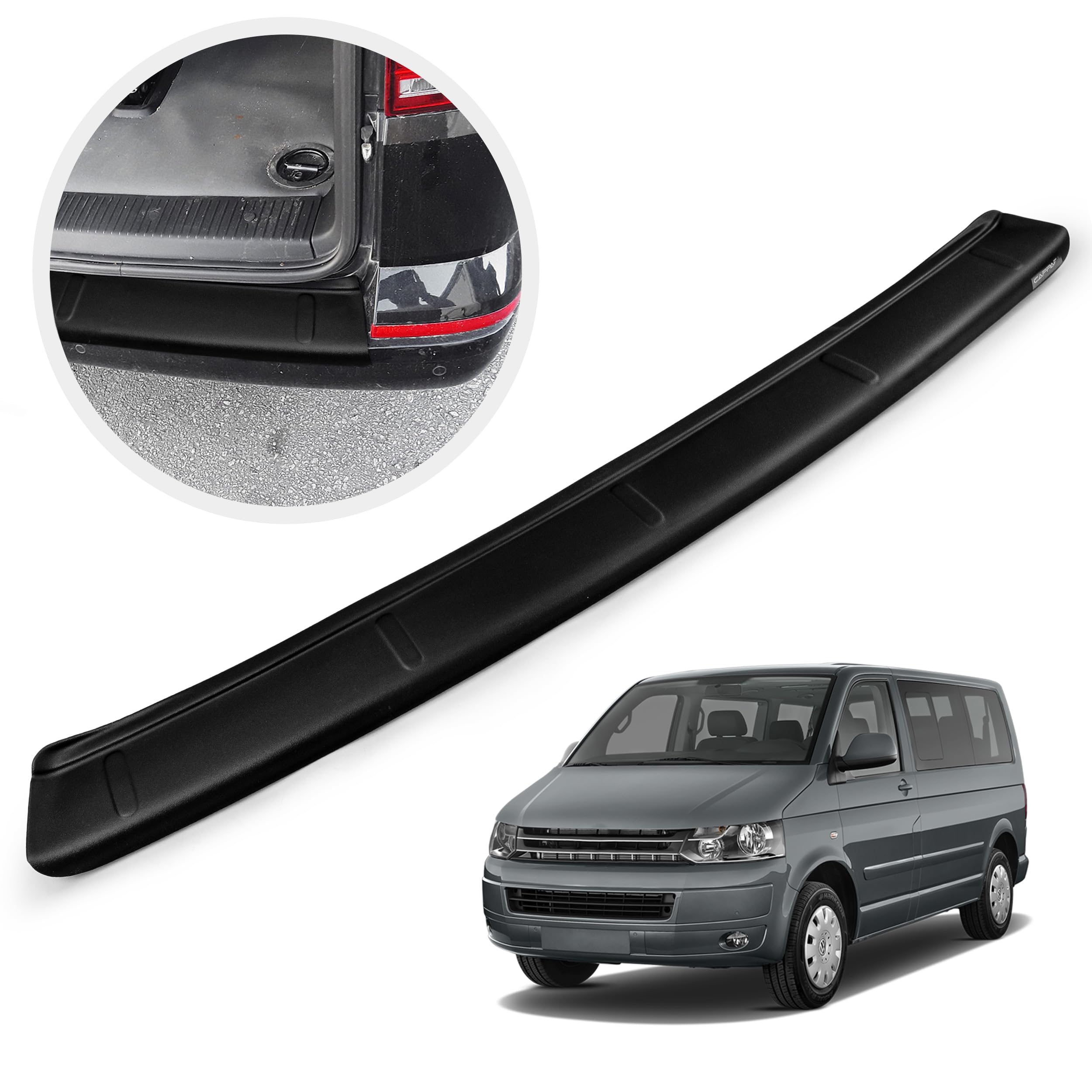 CHROMEMASTER | Protector de Parachoques Compatible con VW T5 2003-2015 | Plástico ABS, Negro Mate | Tira Protectora Protege la Pintura del Parachoques Trasero de Daños