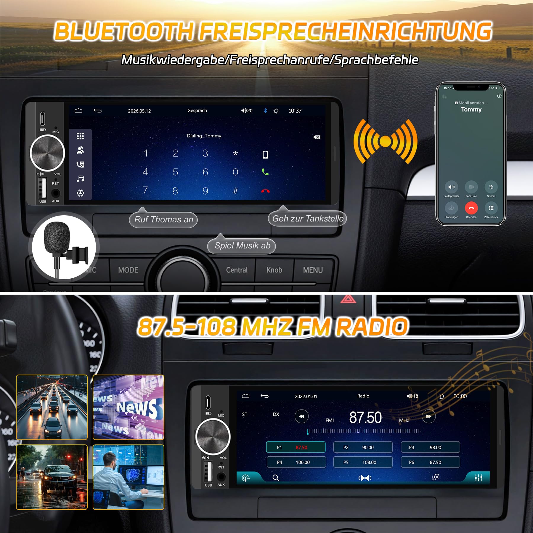 1Din Bluetooth Autoradio mit Bildschirm CarPlay/Android Auto Rückfahrkamera | 6,28 Zoll Touch Display mit GPS Navigation, FM, Lenkradsteuerung, MirrorLink, Equalizer, USB-C, AUX, Single Din Auto Radio